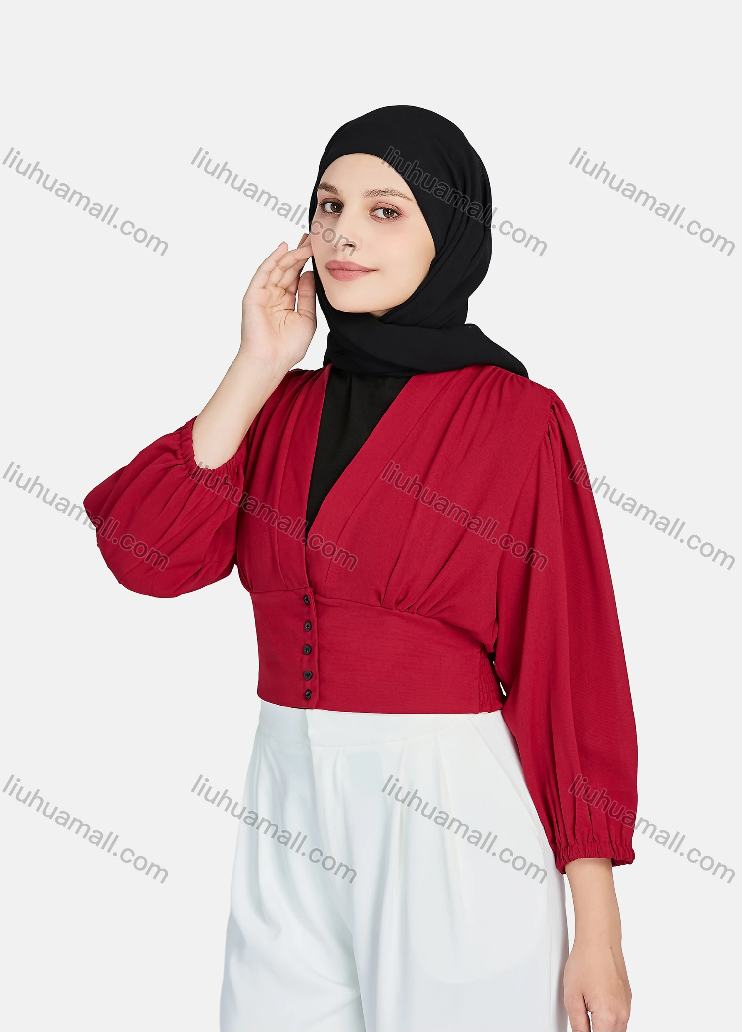 Wholesale Women's Casual Plain V Neck Shirred Button Decor Long Sleeve Blouse 1396-Maroon# - Liuhuamall