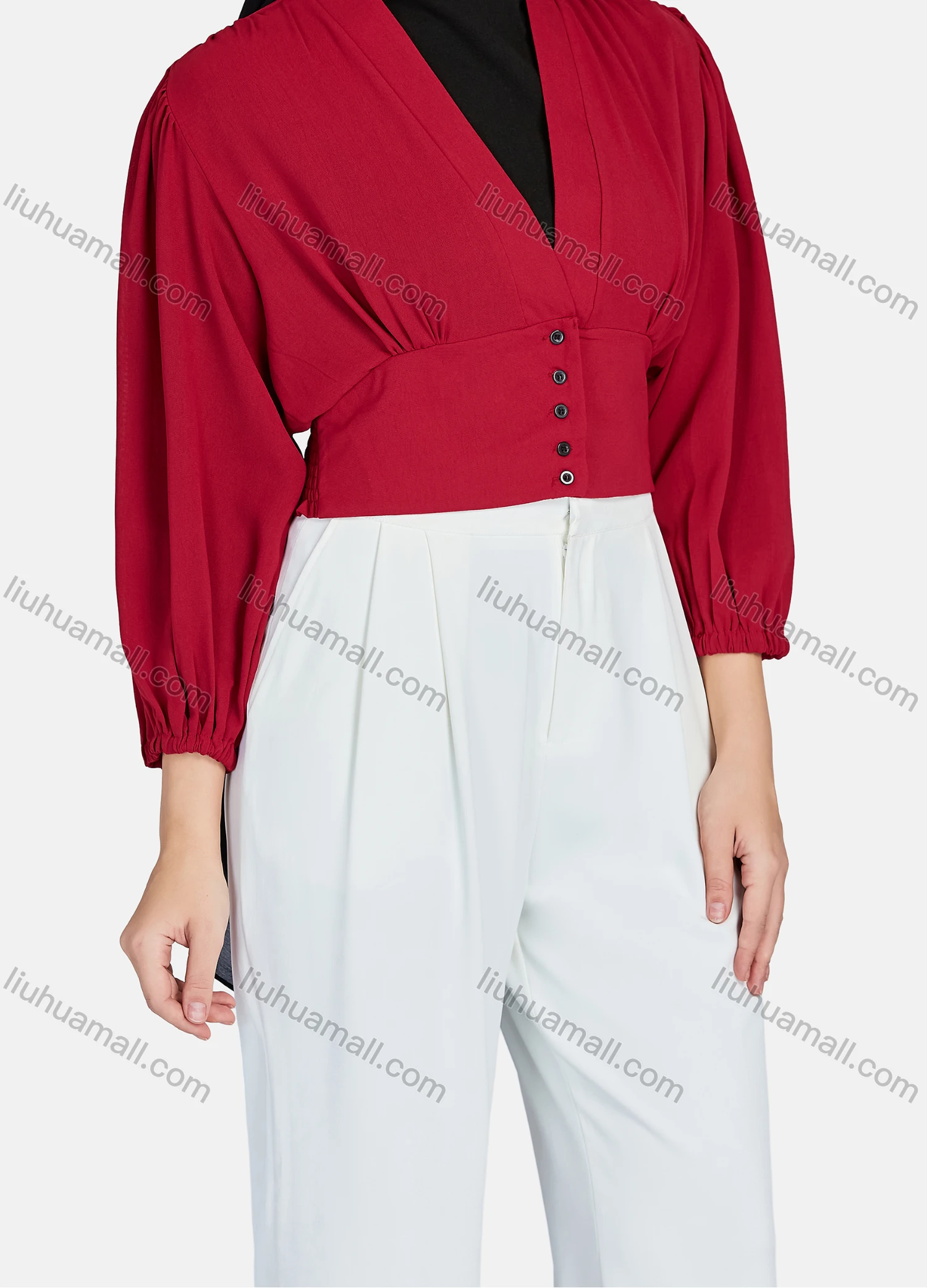 Wholesale Women's Casual Plain V Neck Shirred Button Decor Long Sleeve Blouse 1396-Maroon# - Liuhuamall