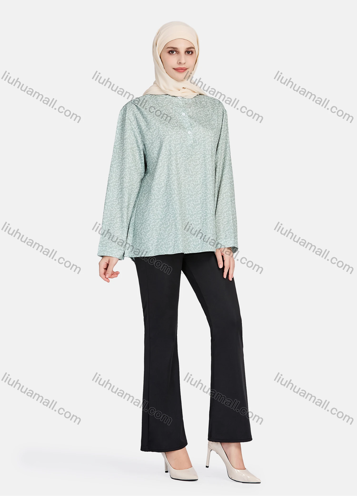 Wholesale Women's Casual Allover Ditsy Floral Stand Collar Button Front Long Sleeve Blouse 1399-Green# - Liuhuamall