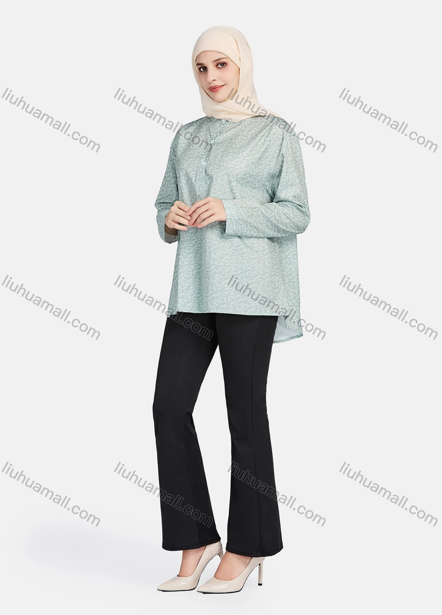 Wholesale Women's Casual Allover Ditsy Floral Stand Collar Button Front Long Sleeve Blouse 1399-Green# - Liuhuamall