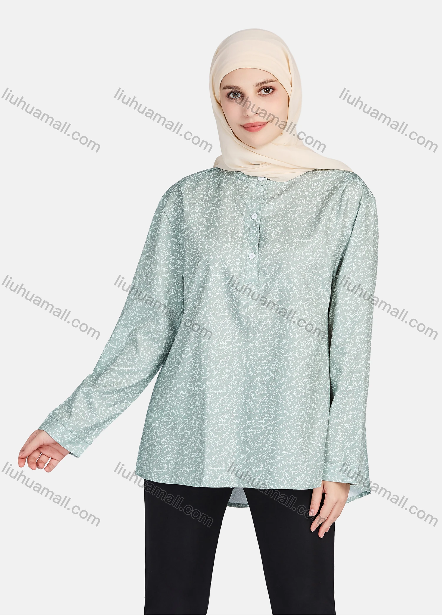 Wholesale Women's Casual Allover Ditsy Floral Stand Collar Button Front Long Sleeve Blouse 1399-Green# - Liuhuamall