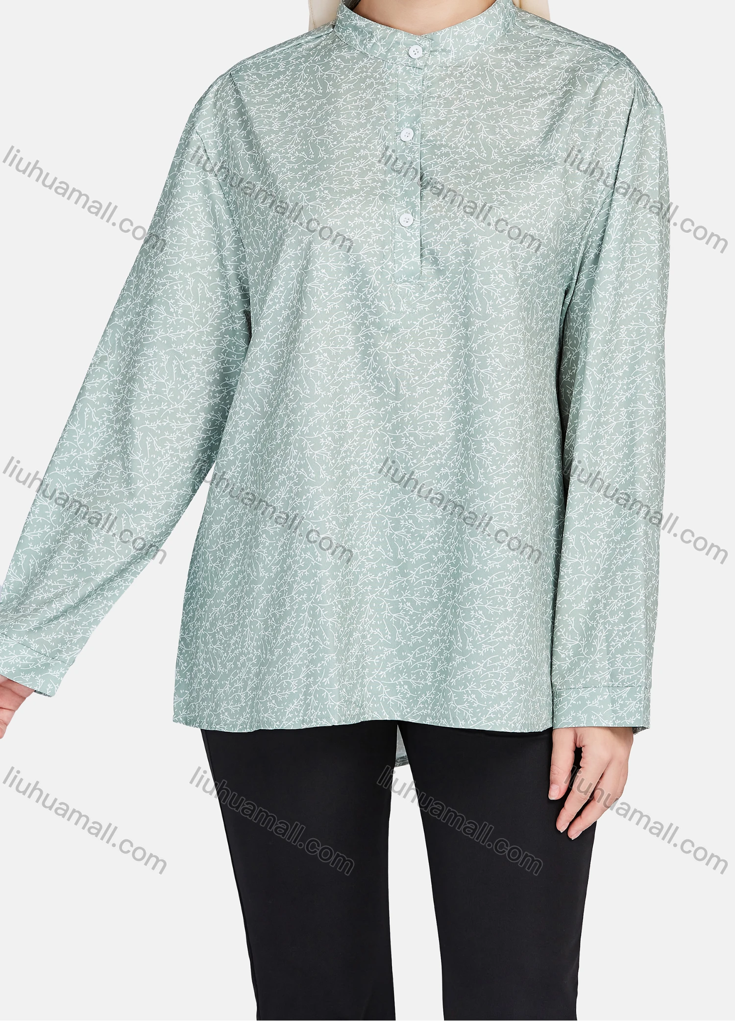 Wholesale Women's Casual Allover Ditsy Floral Stand Collar Button Front Long Sleeve Blouse 1399-Green# - Liuhuamall