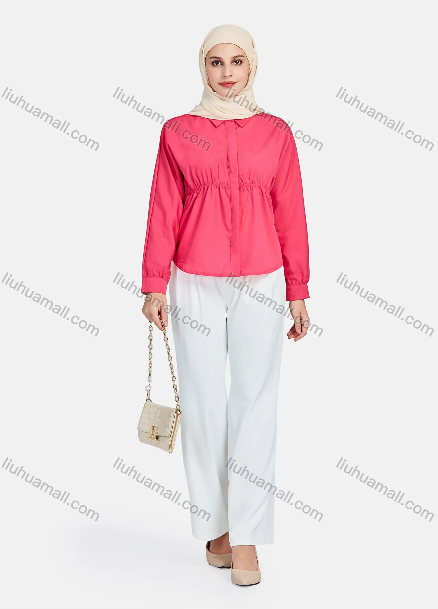 Wholesale Women's Casual Plain Collared Long Sleeve Button Down Curved Hem Peplum Shirts 1395-Red# - Liuhuamall