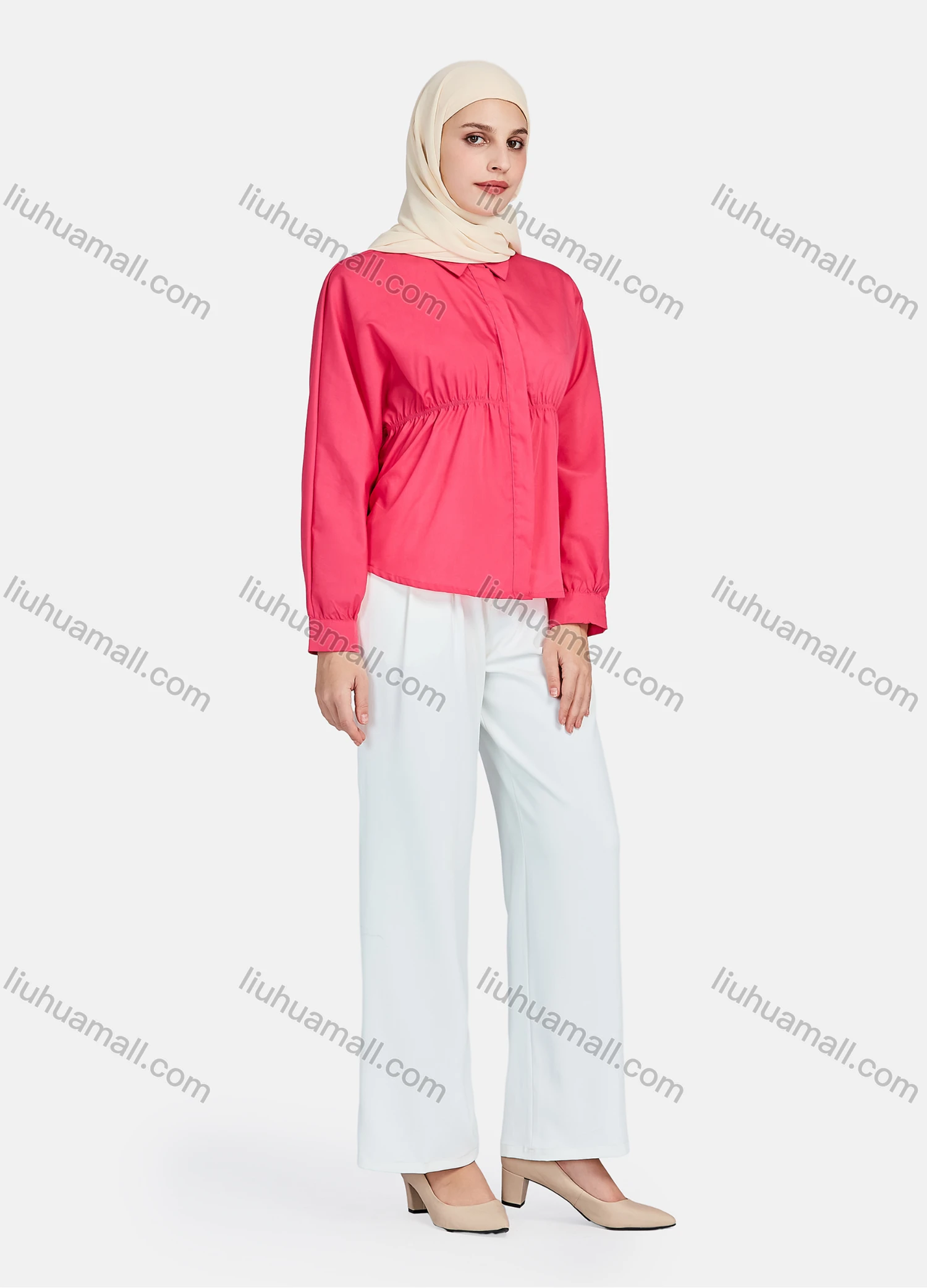 Wholesale Women's Casual Plain Collared Long Sleeve Button Down Curved Hem Peplum Shirts 1395-Red# - Liuhuamall