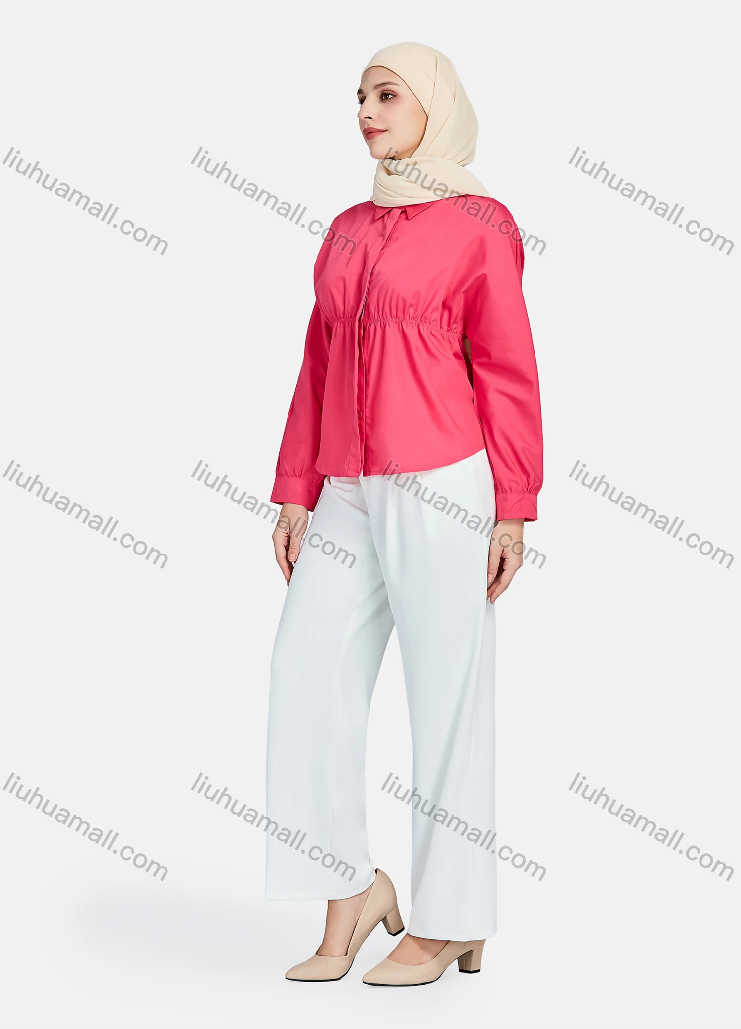 Wholesale Women's Casual Plain Collared Long Sleeve Button Down Curved Hem Peplum Shirts 1395-Red# - Liuhuamall