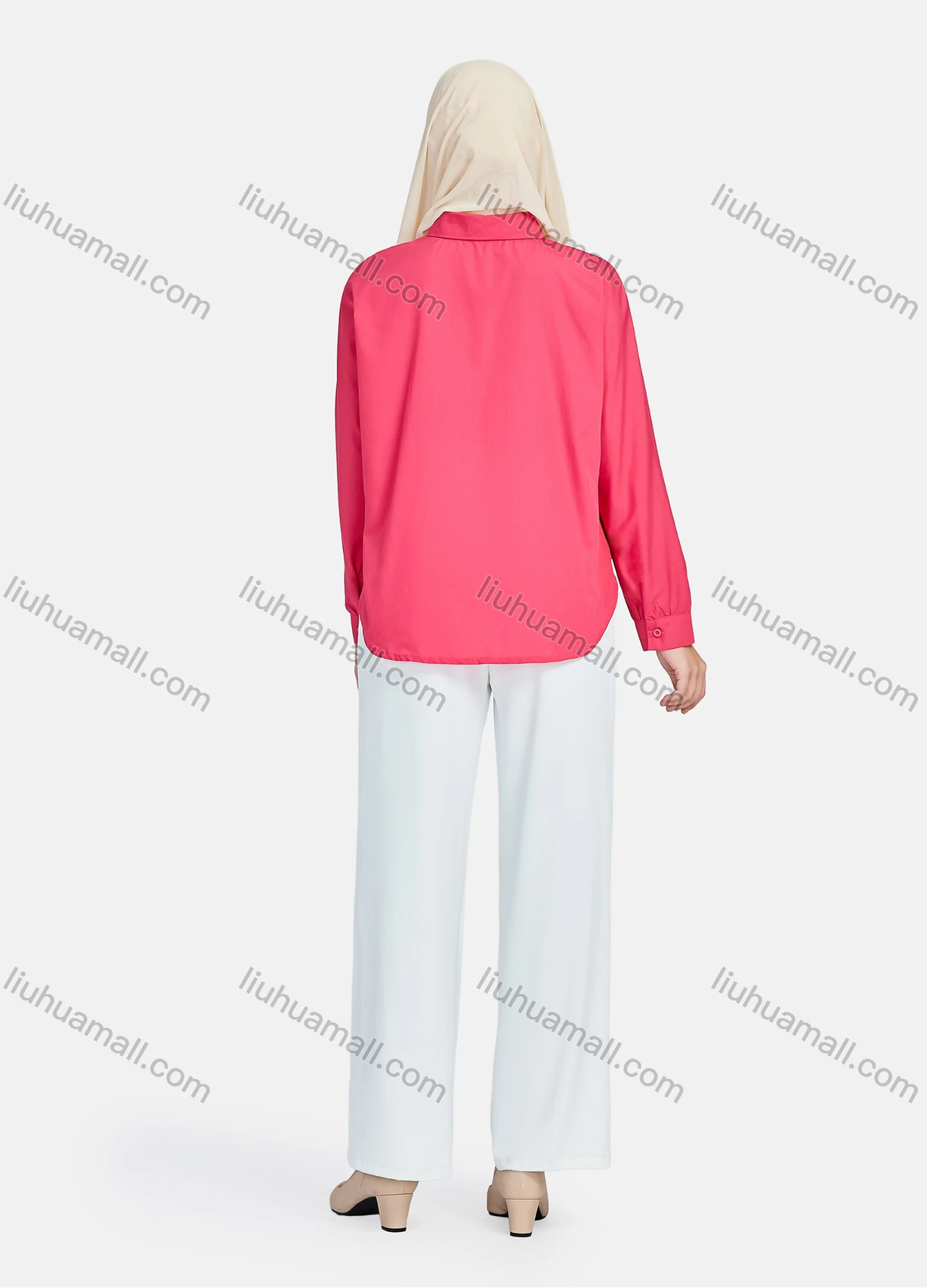 Wholesale Women's Casual Plain Collared Long Sleeve Button Down Curved Hem Peplum Shirts 1395-Red# - Liuhuamall