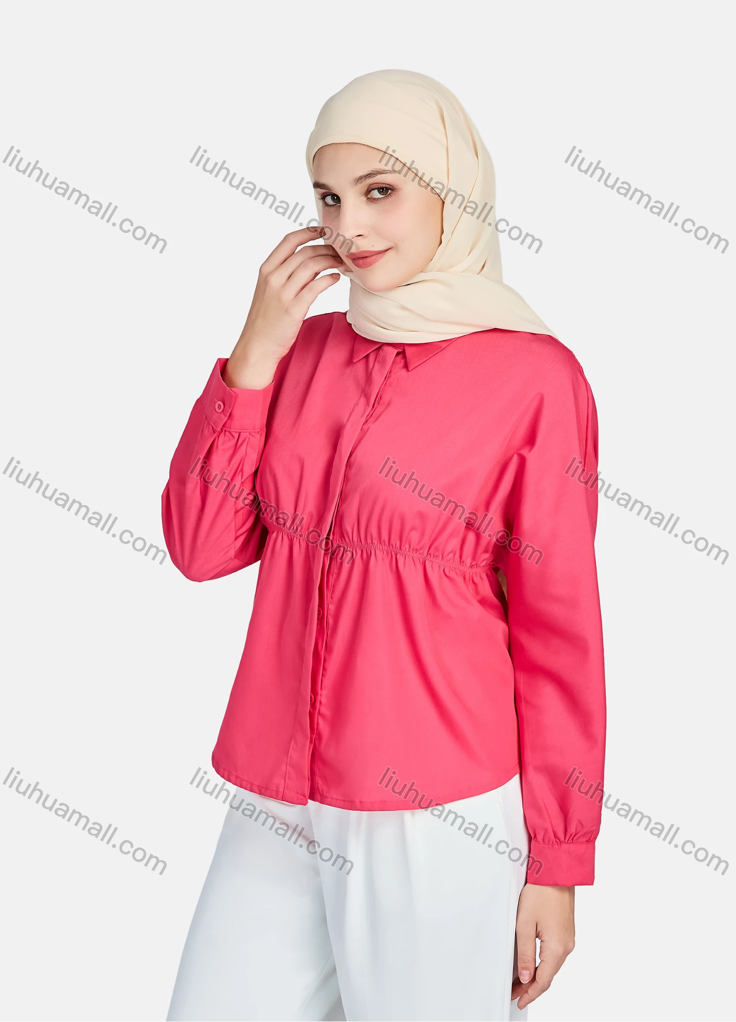 Wholesale Women's Casual Plain Collared Long Sleeve Button Down Curved Hem Peplum Shirts 1395-Red# - Liuhuamall