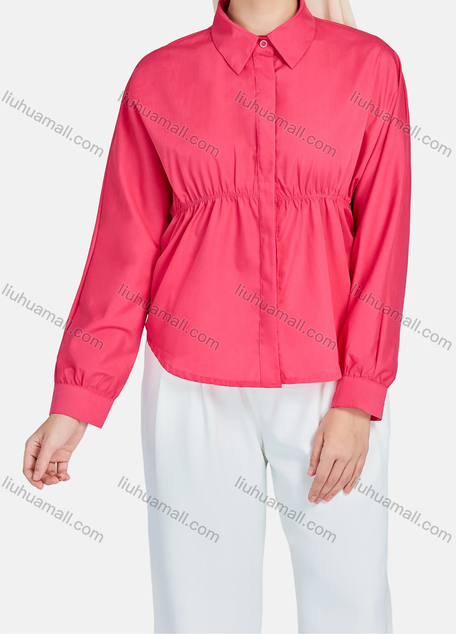 Wholesale Women's Casual Plain Collared Long Sleeve Button Down Curved Hem Peplum Shirts 1395-Red# - Liuhuamall