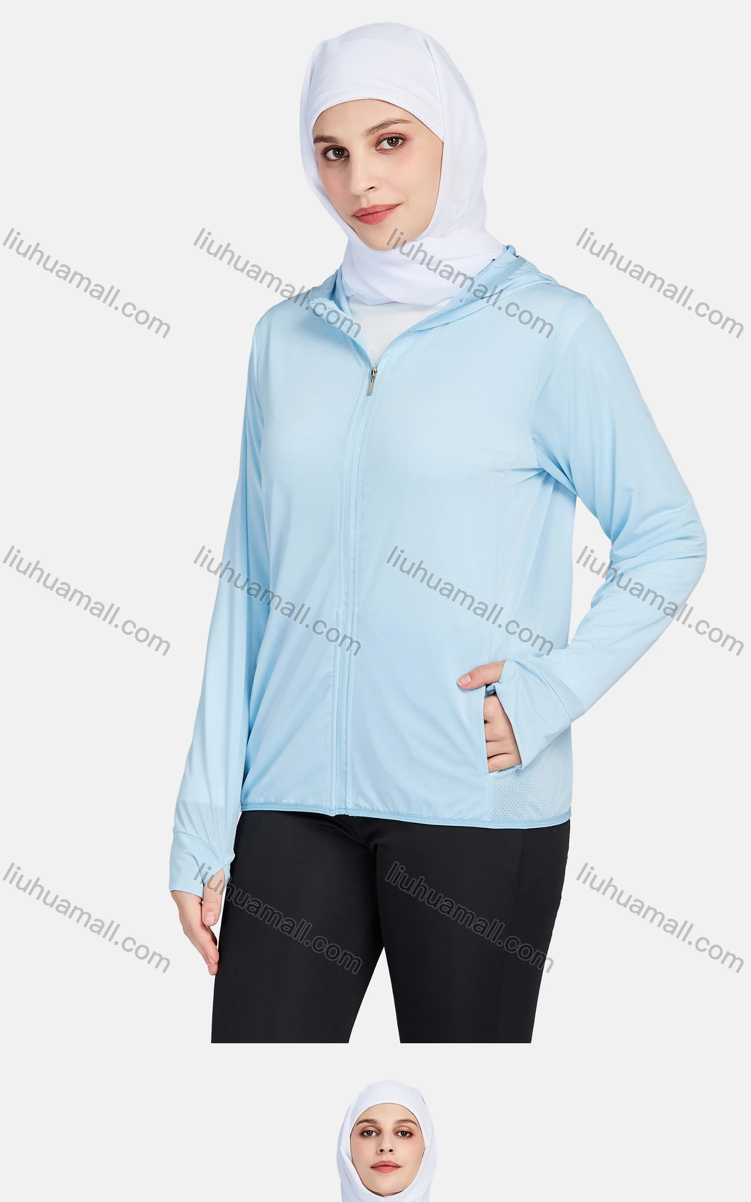 Wholesale Women's Sporty Hooded Windproof Breathable Dual Pockets Long Sleeve Jackets 1390-Blue# - Liuhuamall