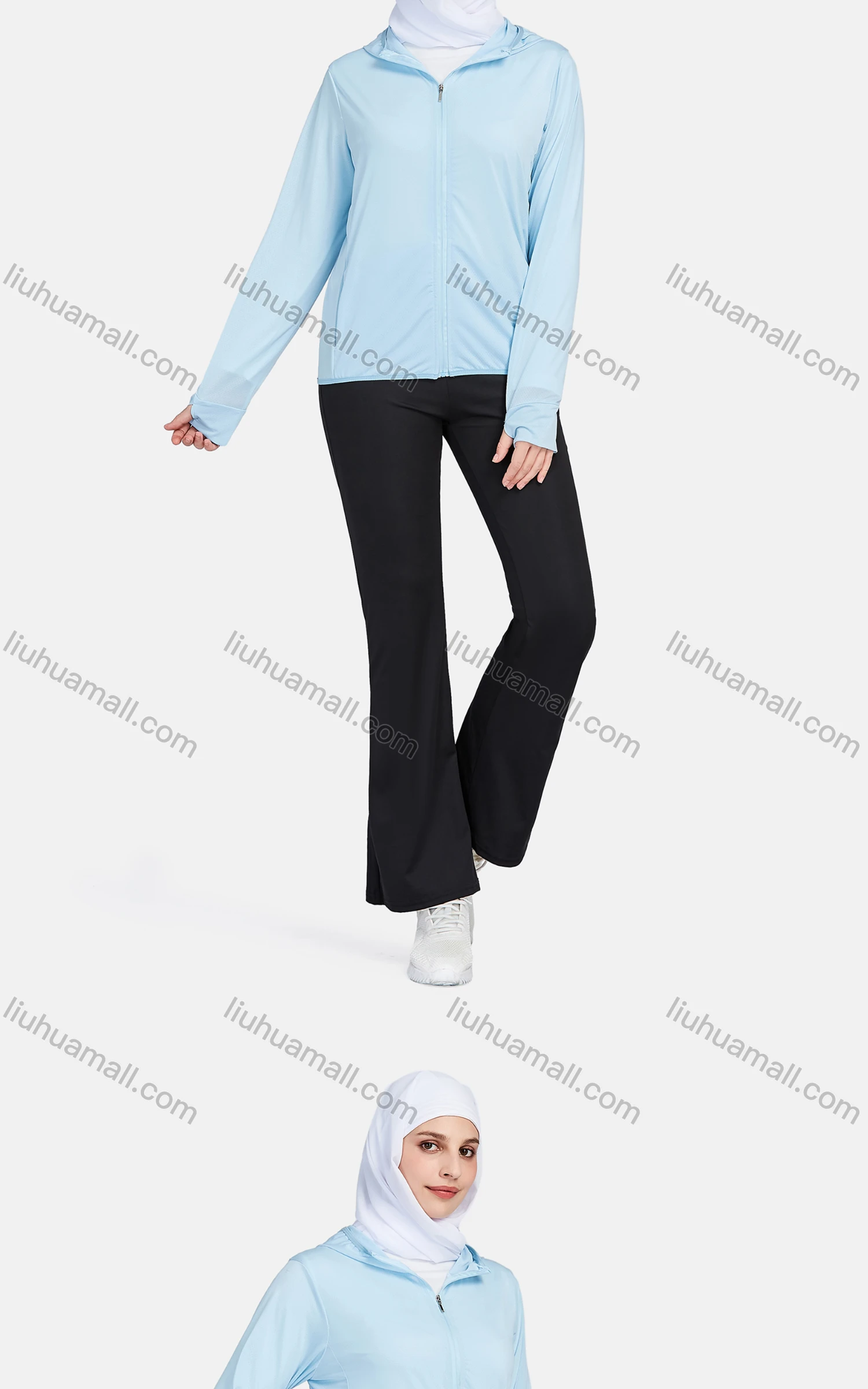 Wholesale Women's Sporty Hooded Windproof Breathable Dual Pockets Long Sleeve Jackets 1390-Blue# - Liuhuamall