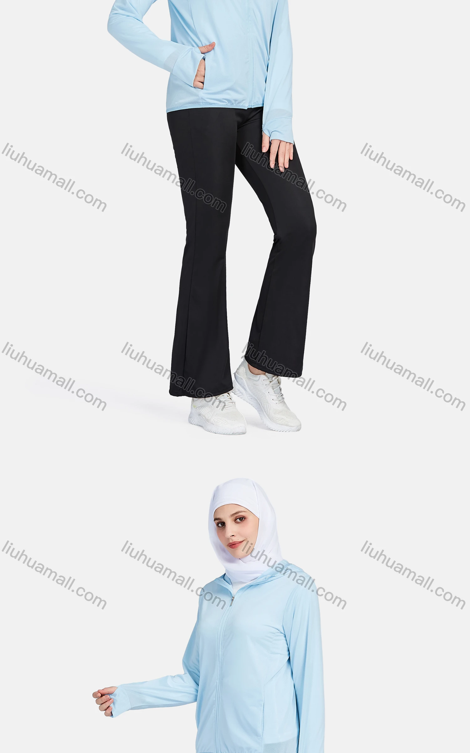 Wholesale Women's Sporty Hooded Windproof Breathable Dual Pockets Long Sleeve Jackets 1390-Blue# - Liuhuamall