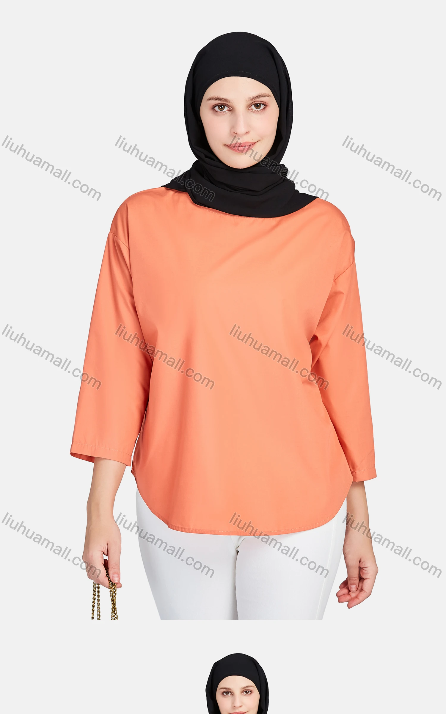 Wholesale Women's Casual Crew Neck 3/4 Sleeve Plain Curved Hem Blouse 1400-Orange# - Liuhuamall