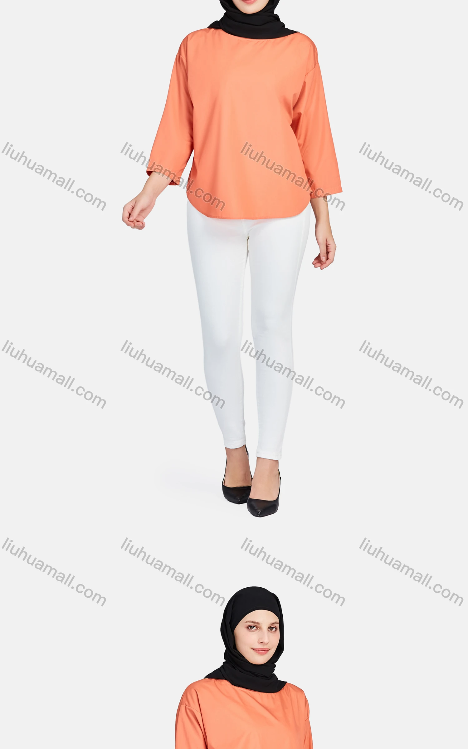 Wholesale Women's Casual Crew Neck 3/4 Sleeve Plain Curved Hem Blouse 1400-Orange# - Liuhuamall