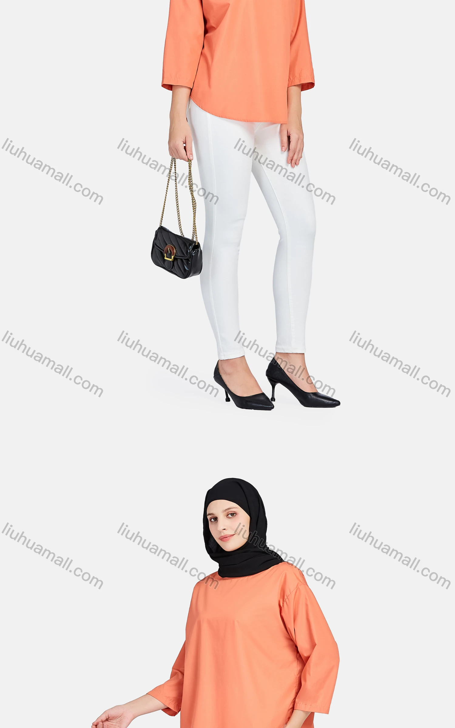 Wholesale Women's Casual Crew Neck 3/4 Sleeve Plain Curved Hem Blouse 1400-Orange# - Liuhuamall