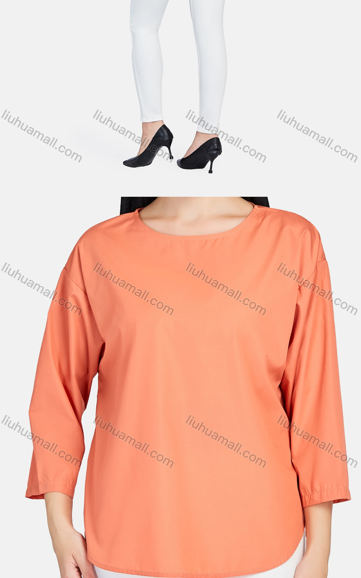 Wholesale Women's Casual Crew Neck 3/4 Sleeve Plain Curved Hem Blouse 1400-Orange# - Liuhuamall