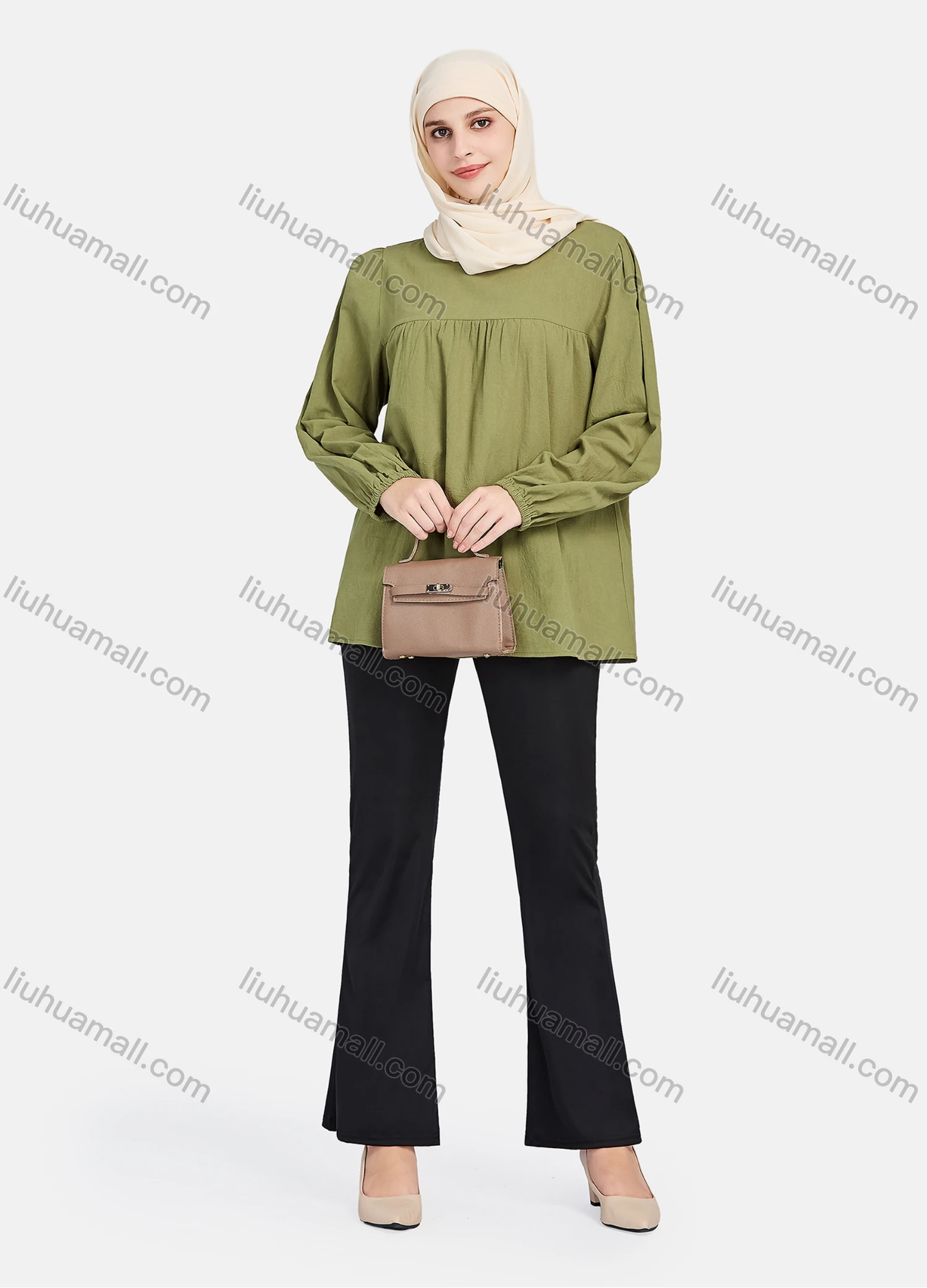Wholesale Women's Elegant Plain Round Neck Long Sleeve Blouse 1392-Dark Green# - Liuhuamall