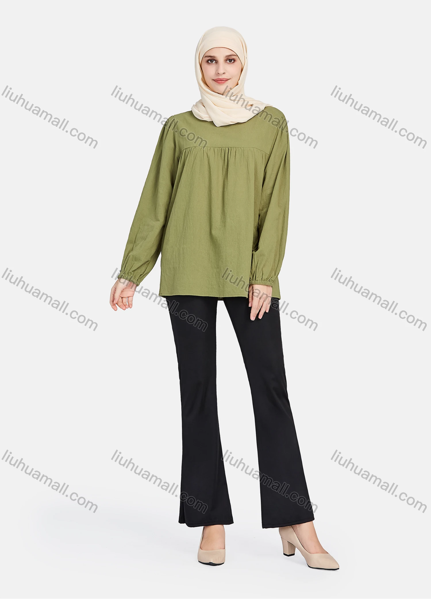 Wholesale Women's Elegant Plain Round Neck Long Sleeve Blouse 1392-Dark Green# - Liuhuamall