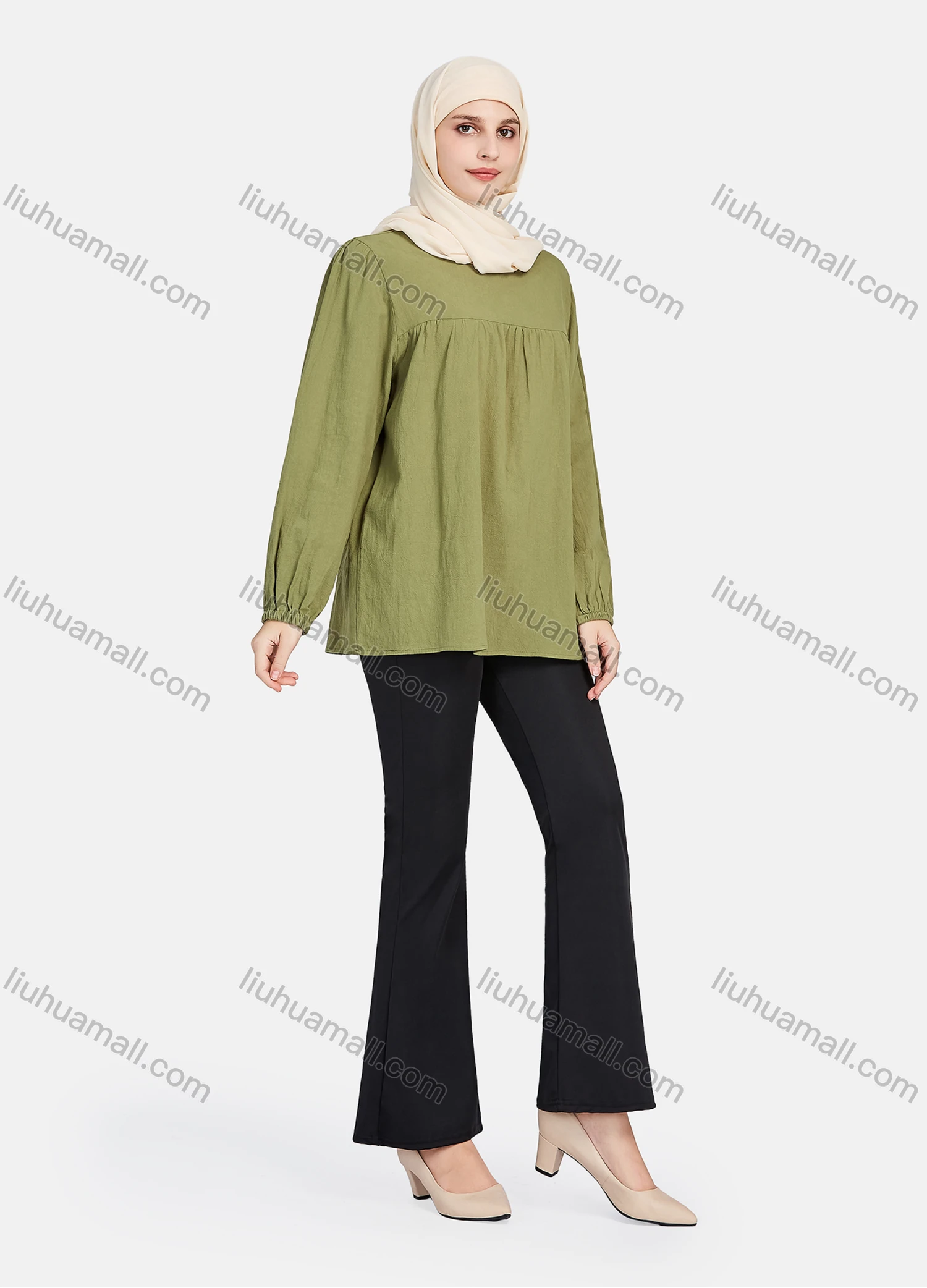 Wholesale Women's Elegant Plain Round Neck Long Sleeve Blouse 1392-Dark Green# - Liuhuamall