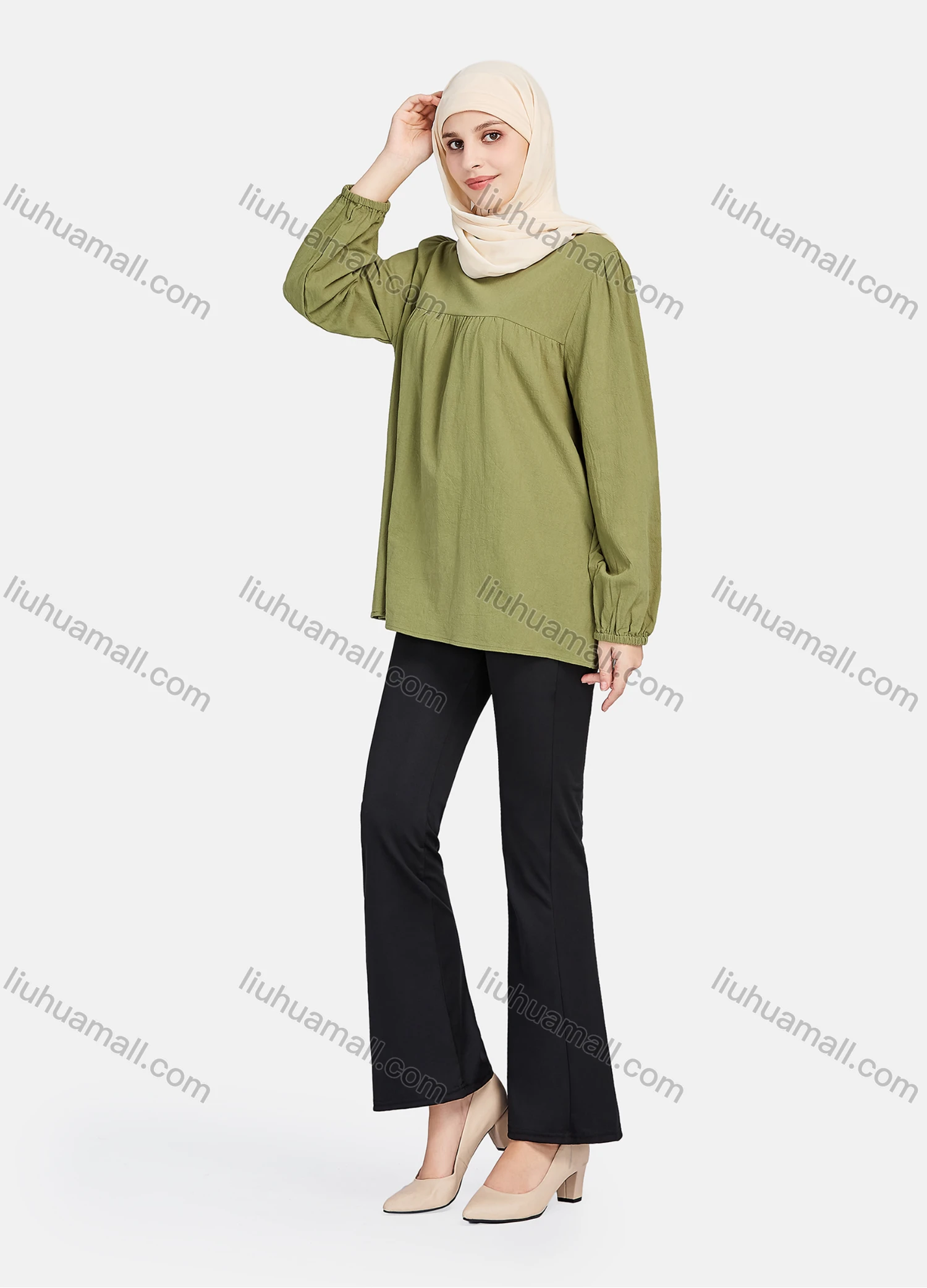 Wholesale Women's Elegant Plain Round Neck Long Sleeve Blouse 1392-Dark Green# - Liuhuamall