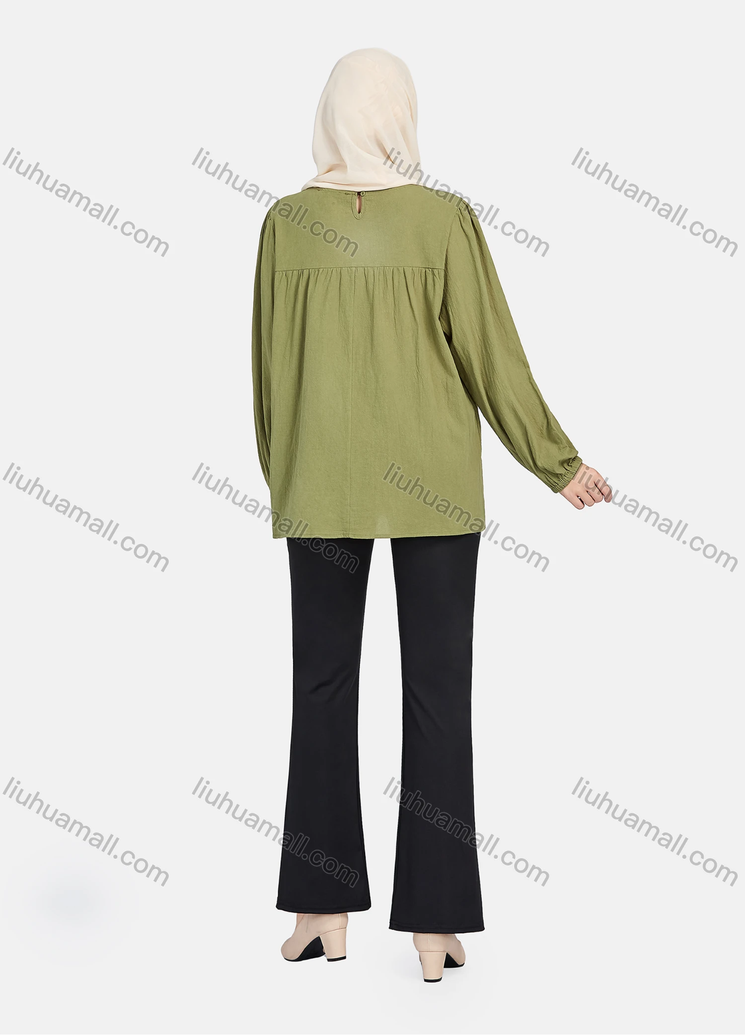 Wholesale Women's Elegant Plain Round Neck Long Sleeve Blouse 1392-Dark Green# - Liuhuamall