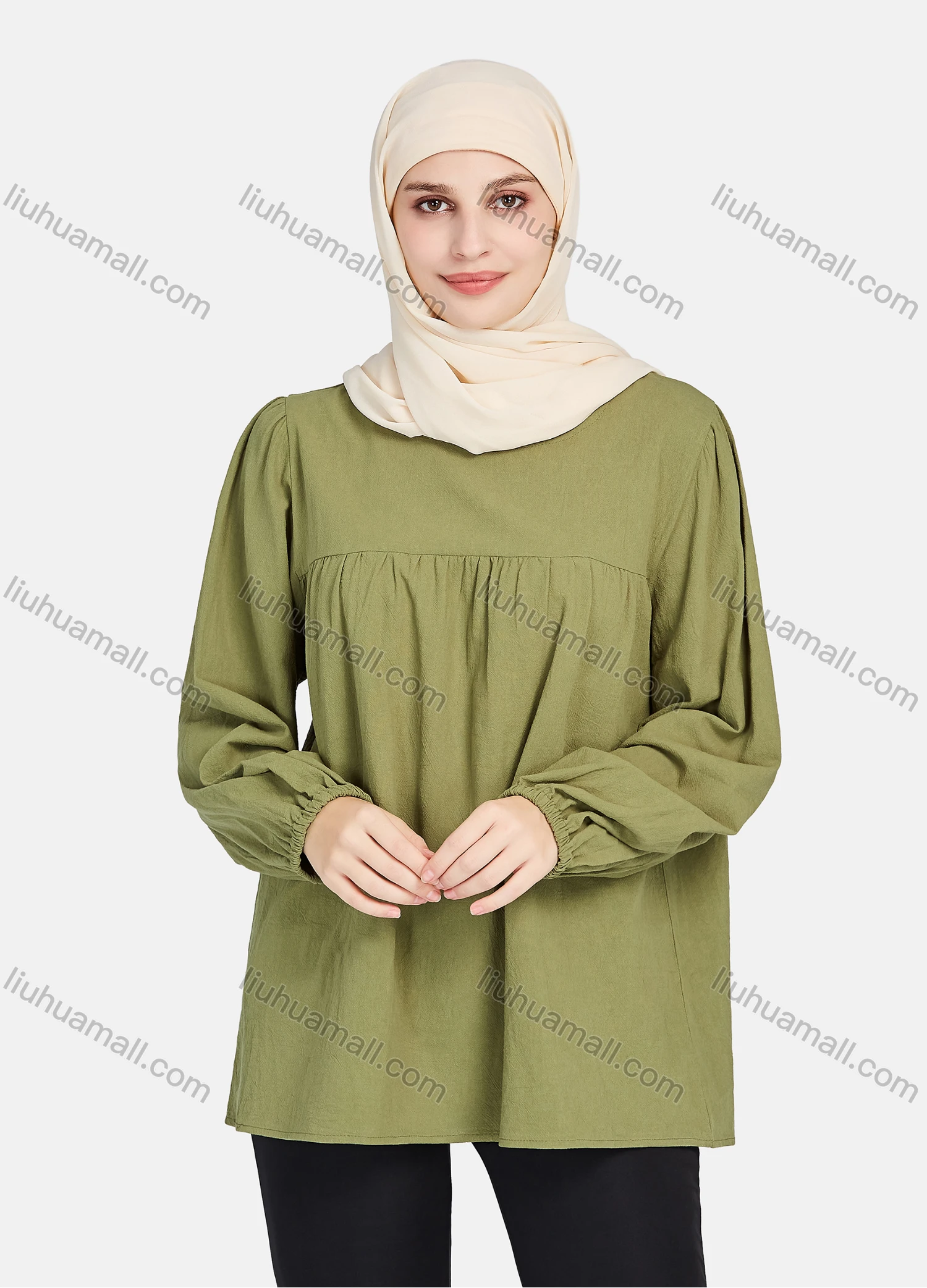 Wholesale Women's Elegant Plain Round Neck Long Sleeve Blouse 1392-Dark Green# - Liuhuamall
