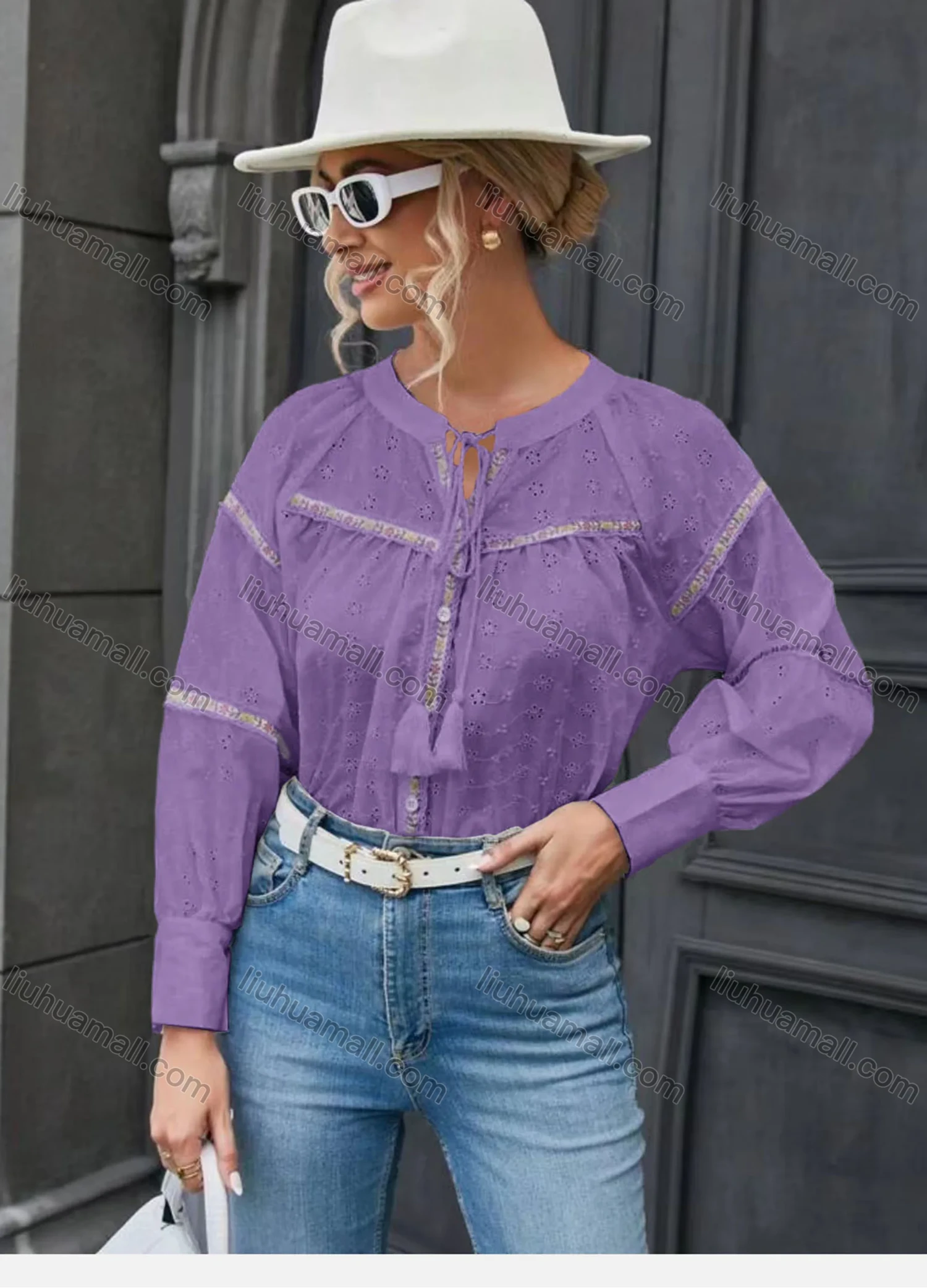 Wholesale Women's Casual Notched Drawstring Fringe Trim Eyelet Embroidered Long Sleeve Blouse - Liuhuamall