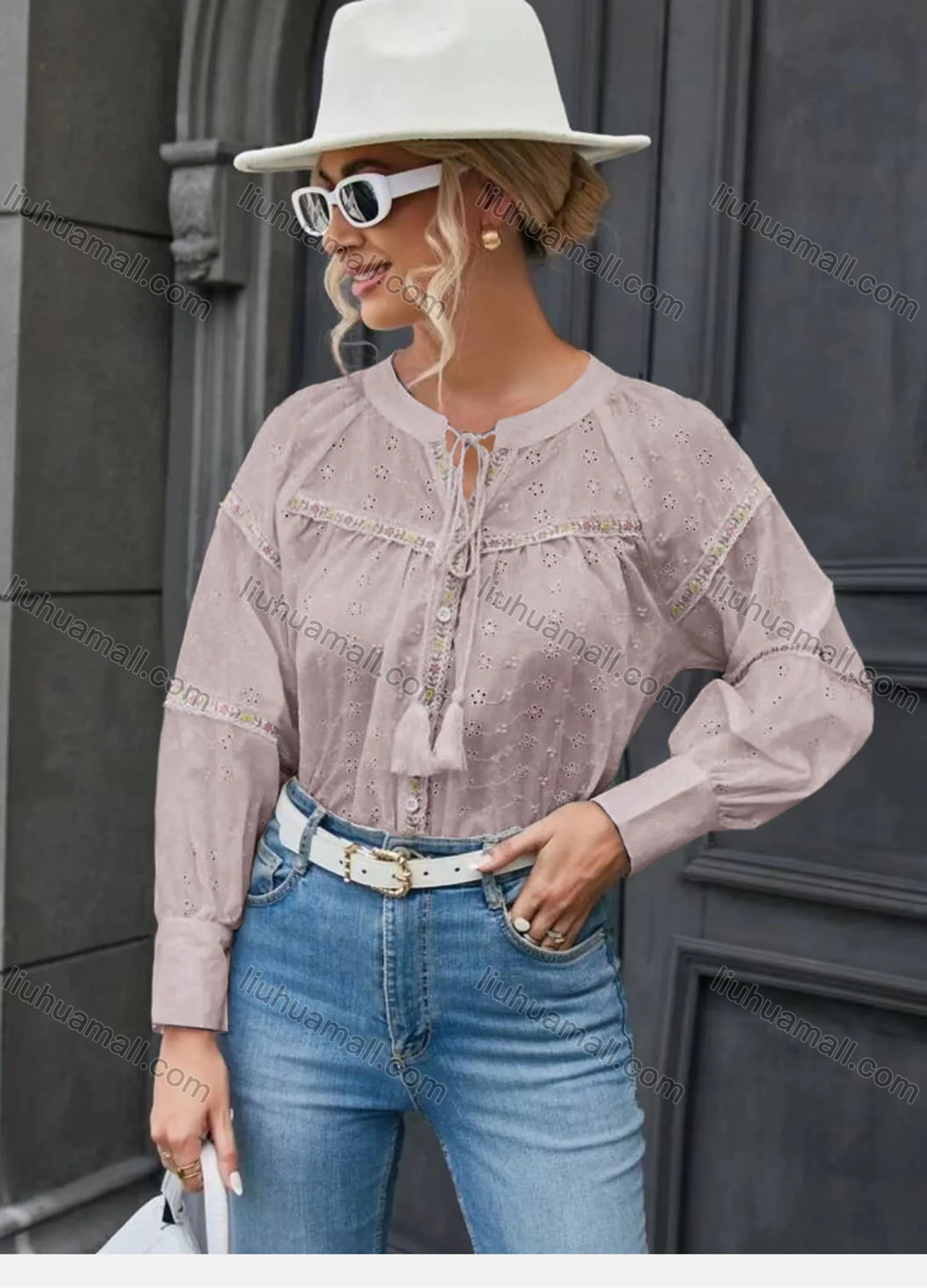 Wholesale Women's Casual Notched Drawstring Fringe Trim Eyelet Embroidered Long Sleeve Blouse - Liuhuamall