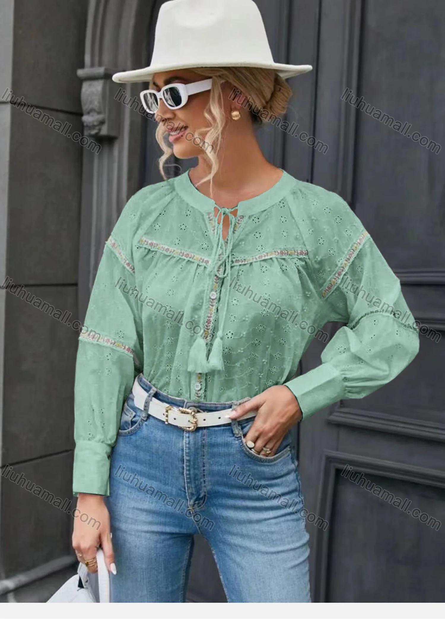 Wholesale Women's Casual Notched Drawstring Fringe Trim Eyelet Embroidered Long Sleeve Blouse - Liuhuamall