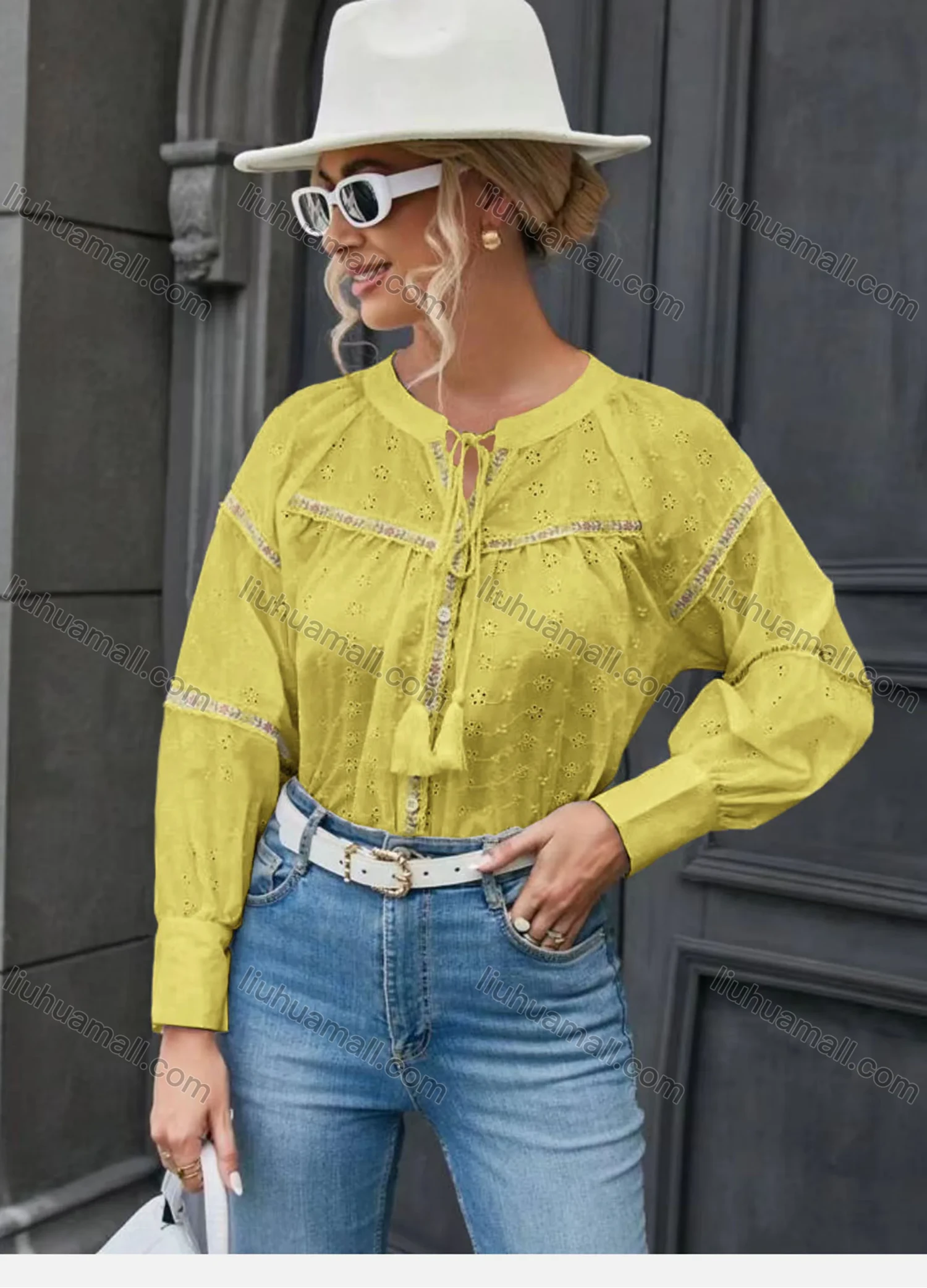 Wholesale Women's Casual Notched Drawstring Fringe Trim Eyelet Embroidered Long Sleeve Blouse - Liuhuamall