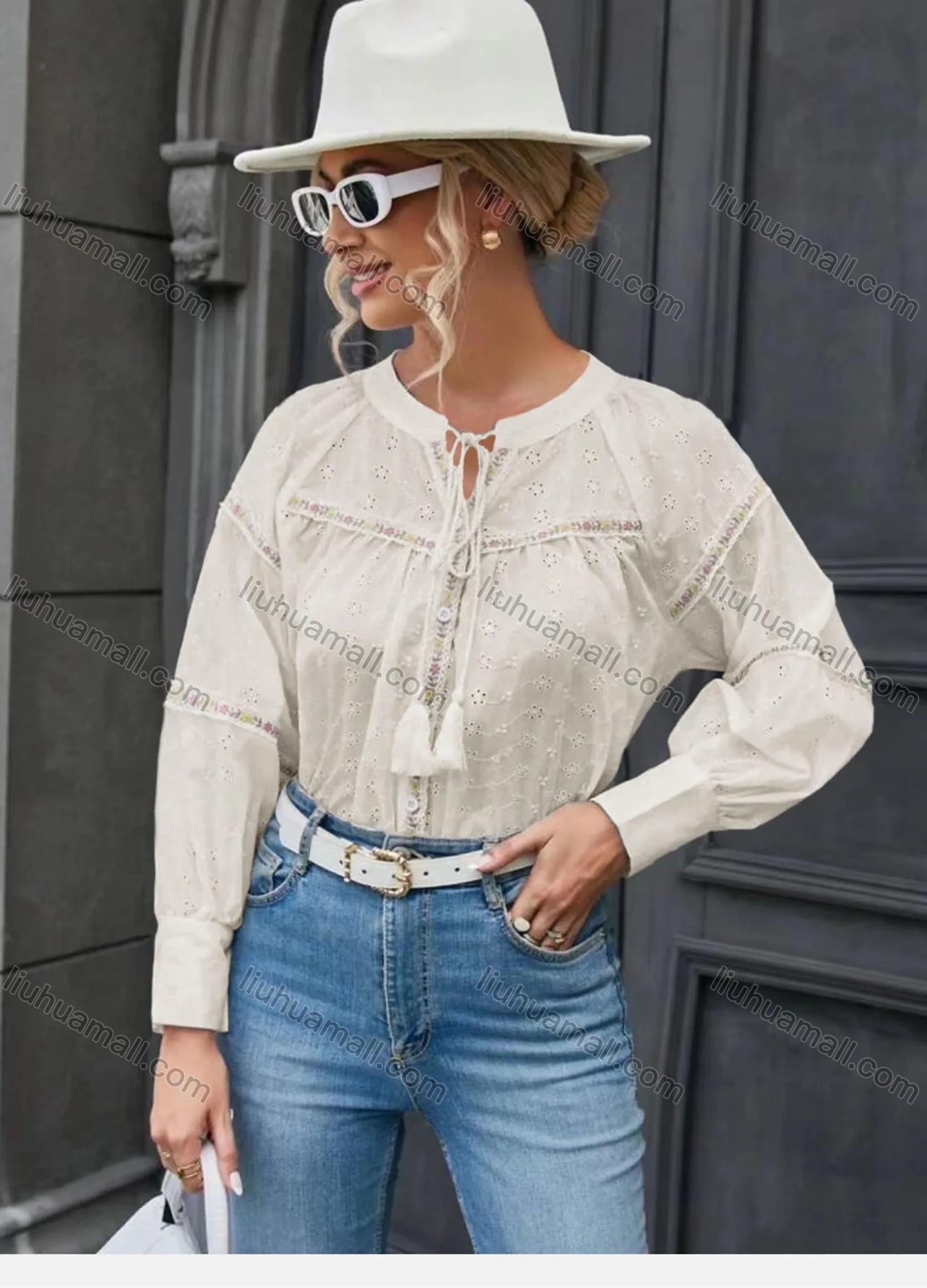 Wholesale Women's Casual Notched Drawstring Fringe Trim Eyelet Embroidered Long Sleeve Blouse - Liuhuamall
