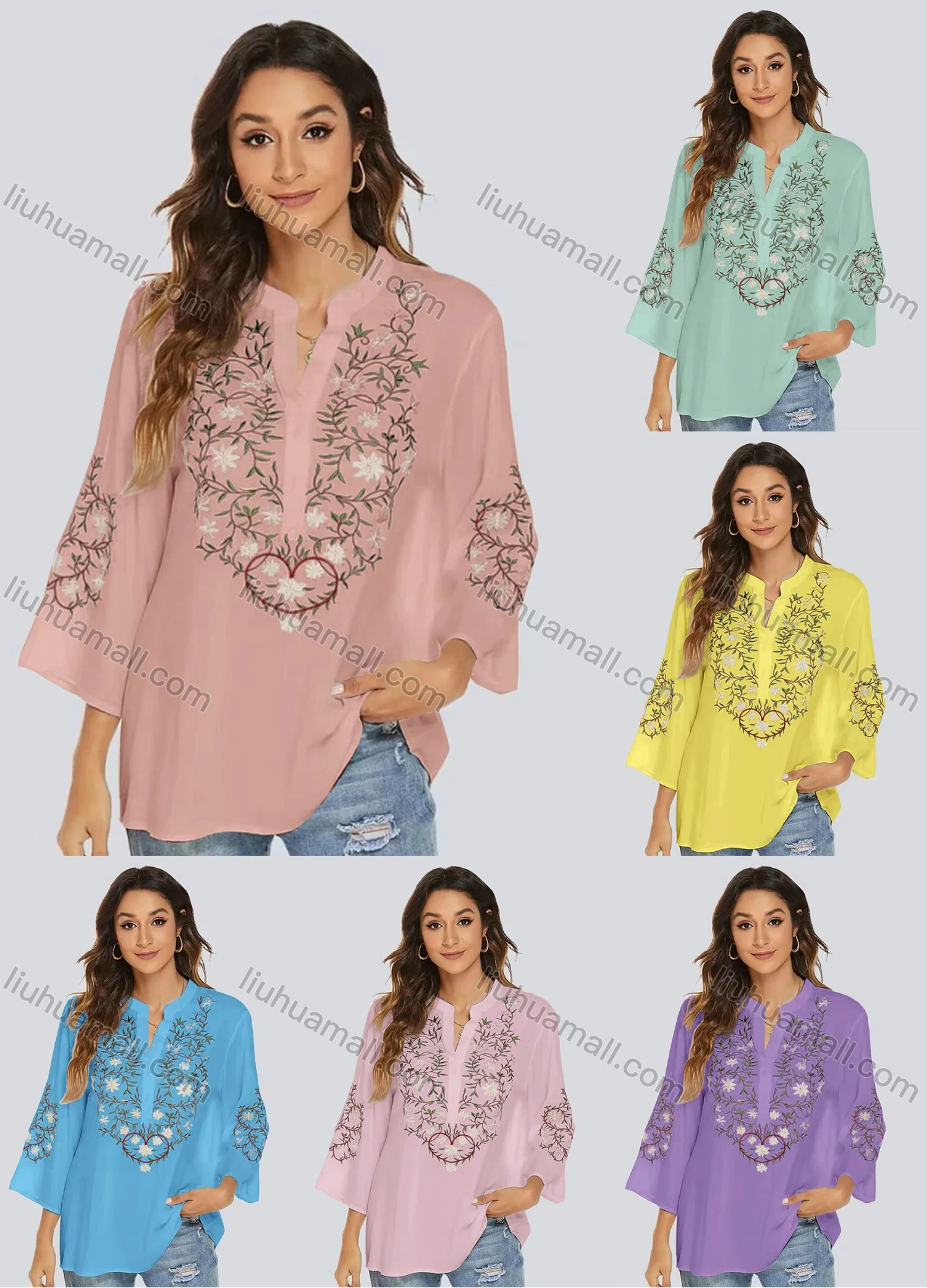 Wholesale Women's Casual Embroidered Floral Notched 3/4 Sleeve Blouse - Liuhuamall