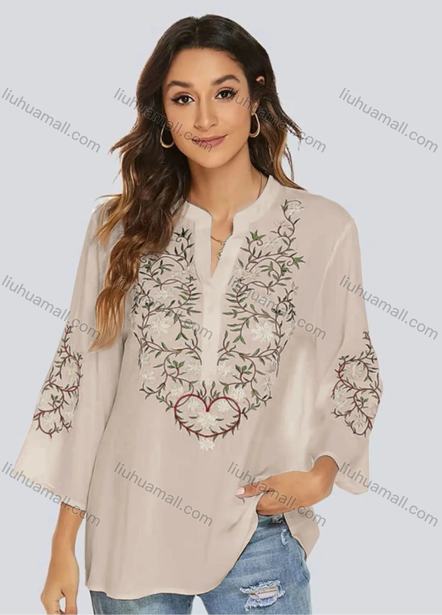 Wholesale Women's Casual Embroidered Floral Notched 3/4 Sleeve Blouse - Liuhuamall