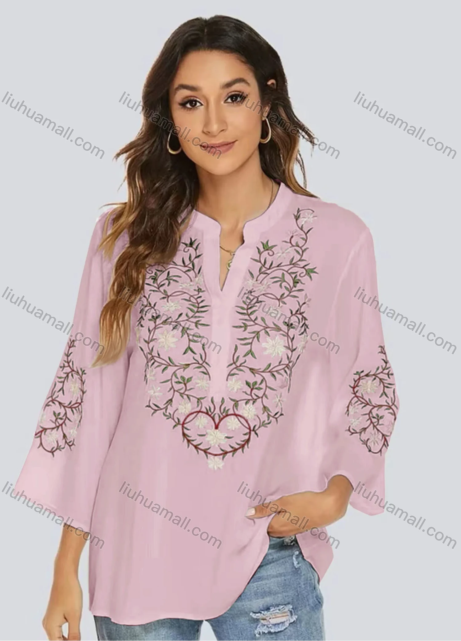 Wholesale Women's Casual Embroidered Floral Notched 3/4 Sleeve Blouse - Liuhuamall