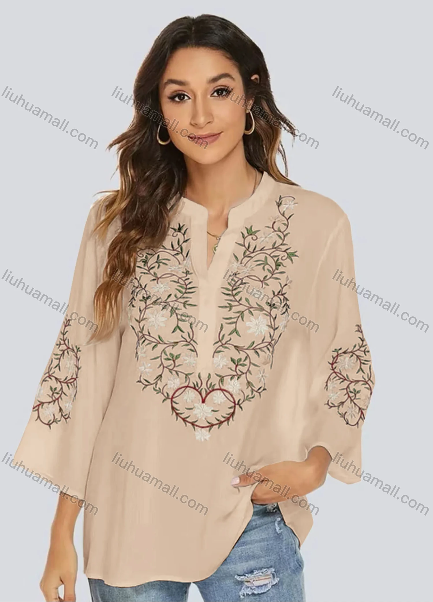 Wholesale Women's Casual Embroidered Floral Notched 3/4 Sleeve Blouse - Liuhuamall