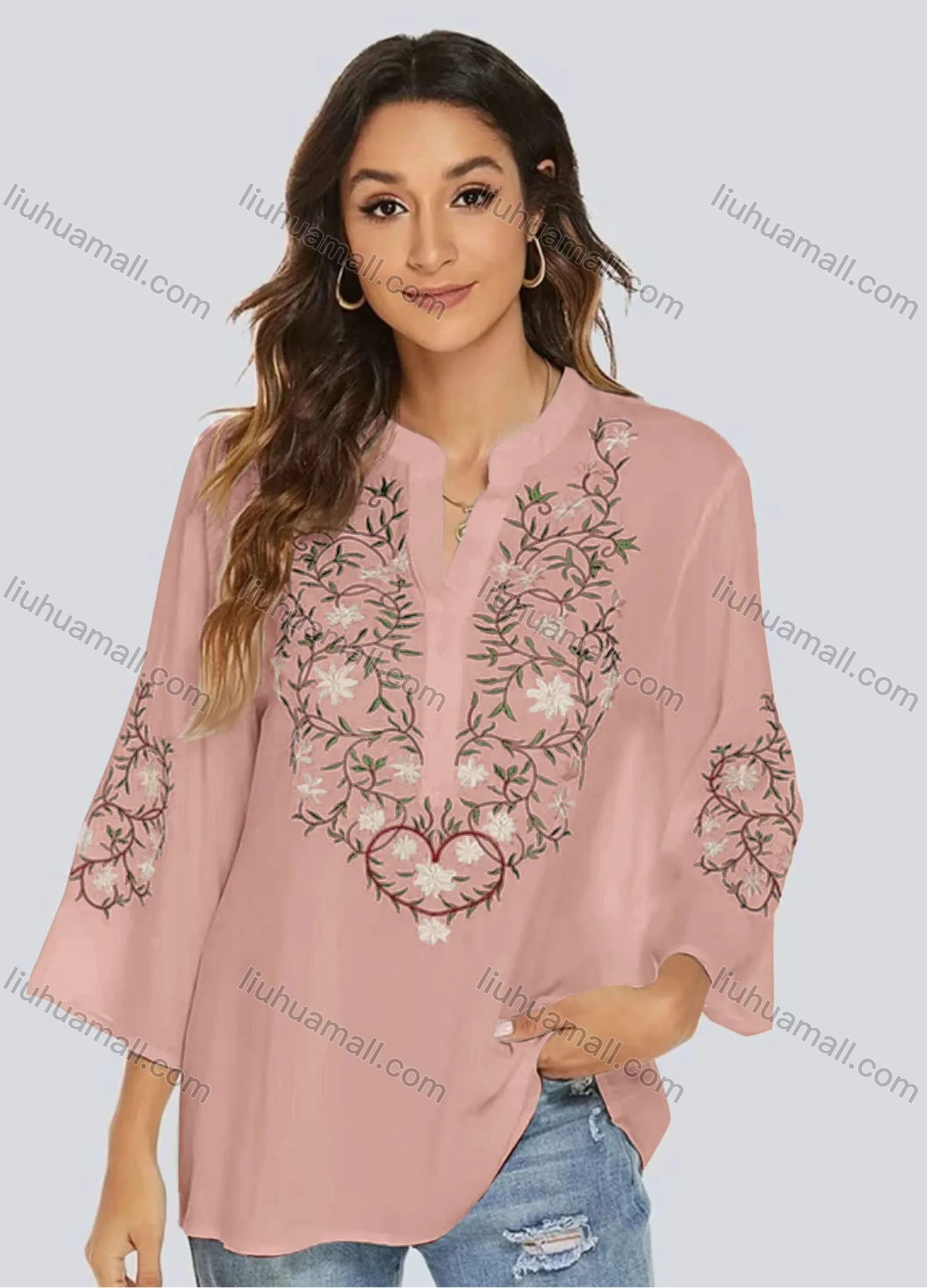 Wholesale Women's Casual Embroidered Floral Notched 3/4 Sleeve Blouse - Liuhuamall