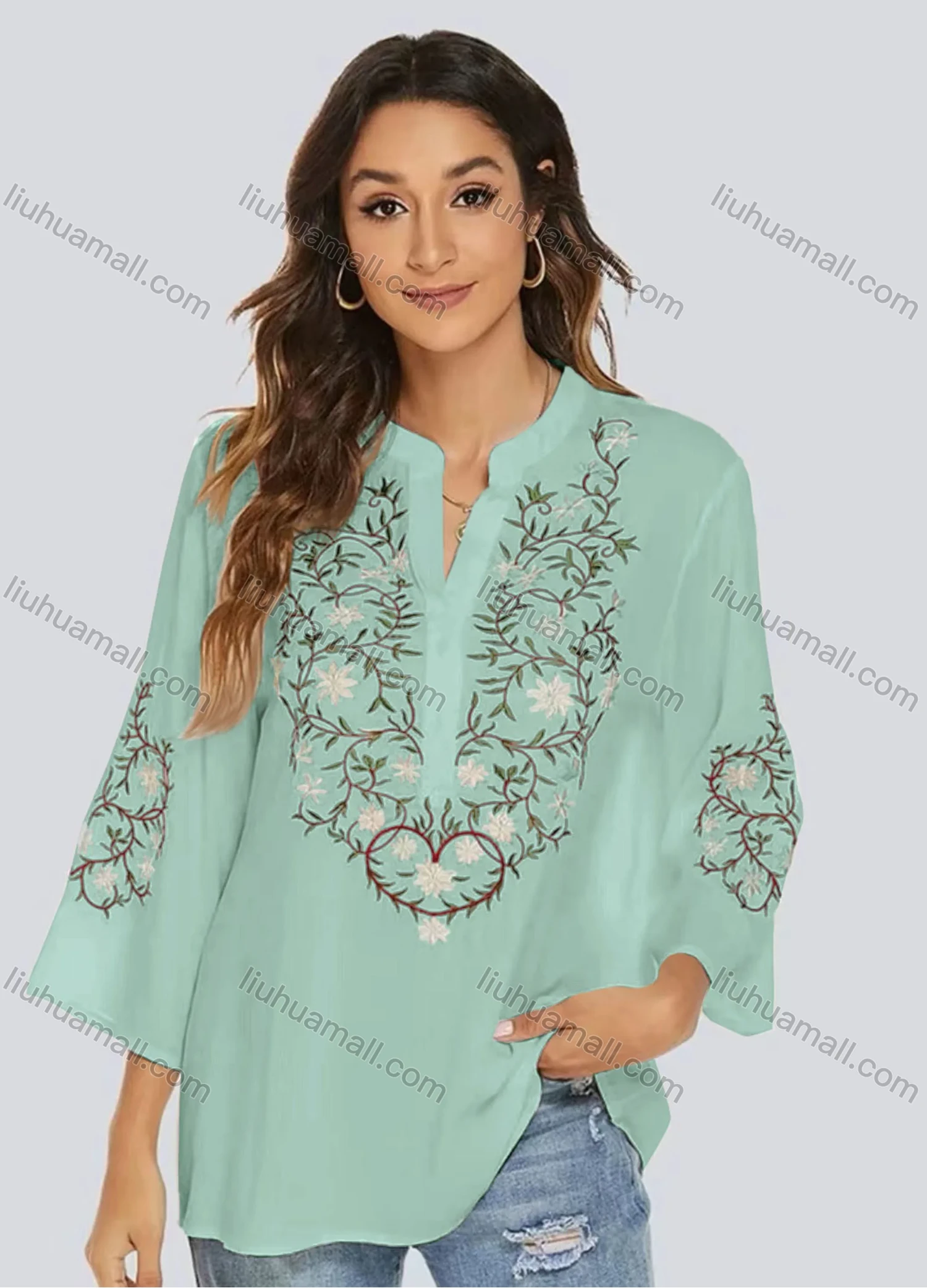 Wholesale Women's Casual Embroidered Floral Notched 3/4 Sleeve Blouse - Liuhuamall