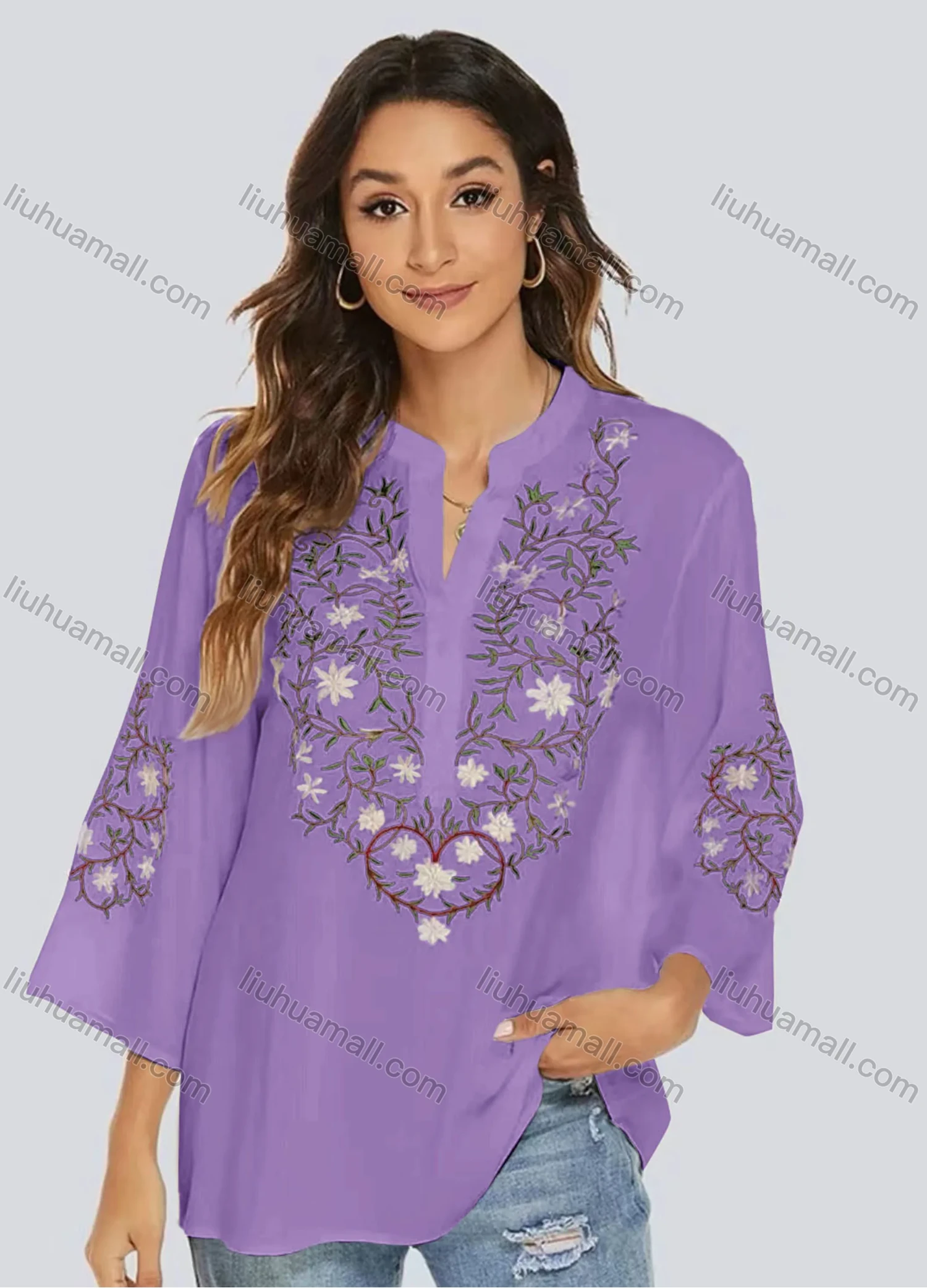 Wholesale Women's Casual Embroidered Floral Notched 3/4 Sleeve Blouse - Liuhuamall