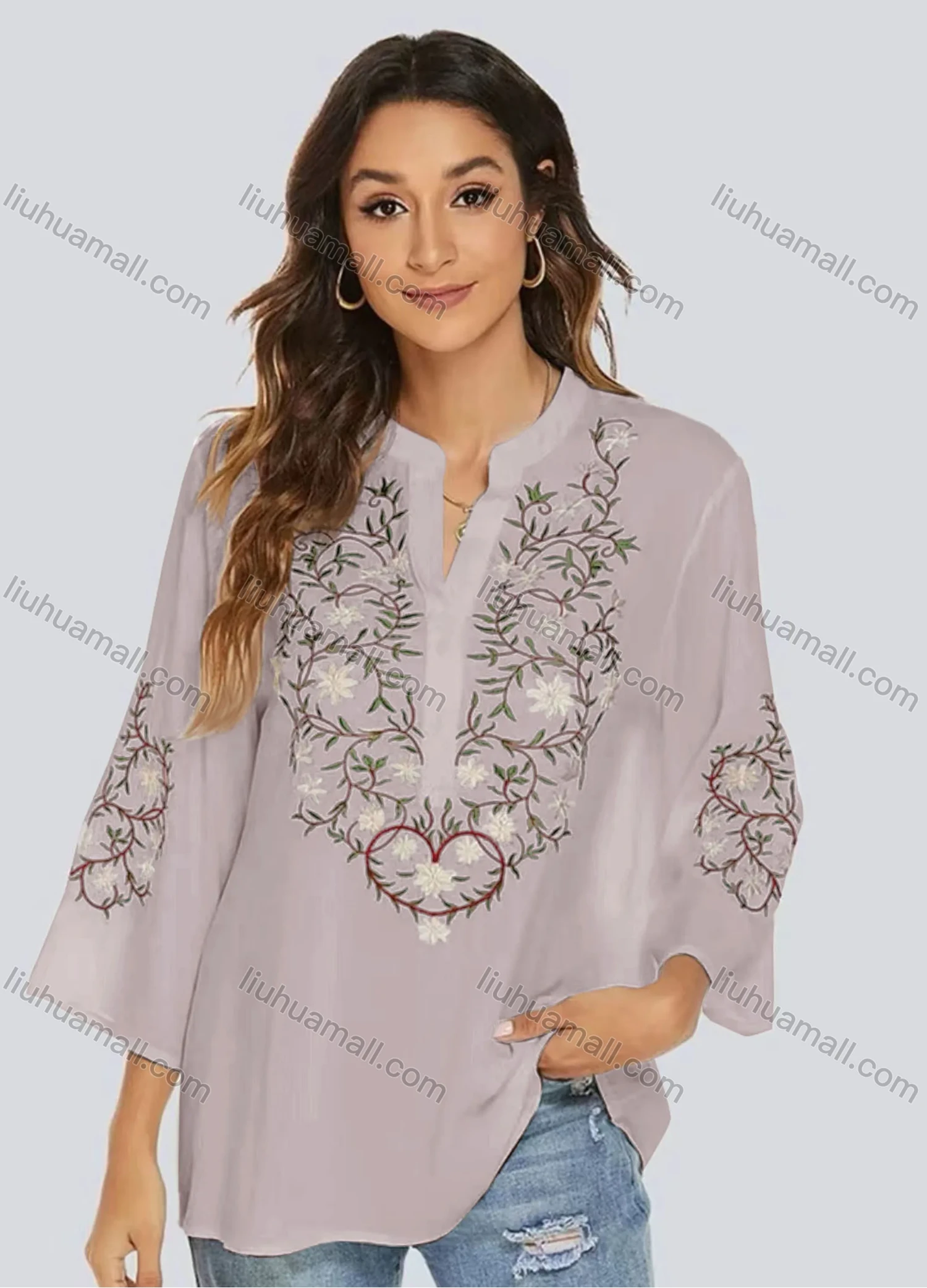 Wholesale Women's Casual Embroidered Floral Notched 3/4 Sleeve Blouse - Liuhuamall