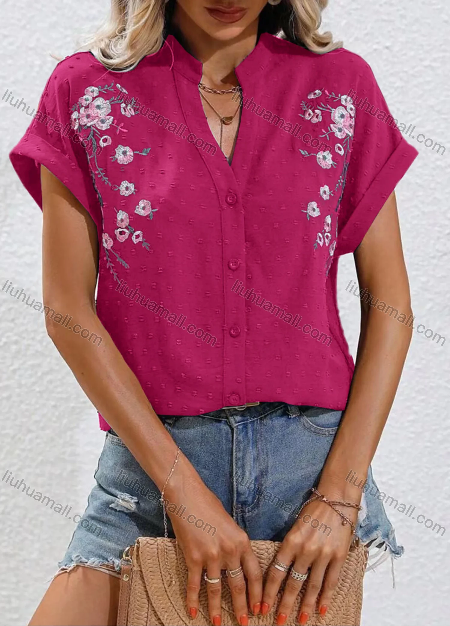 Wholesale Women's Casual Notched Floral Swiss Dot Button Down Cap Sleeve Blouse - Liuhuamall