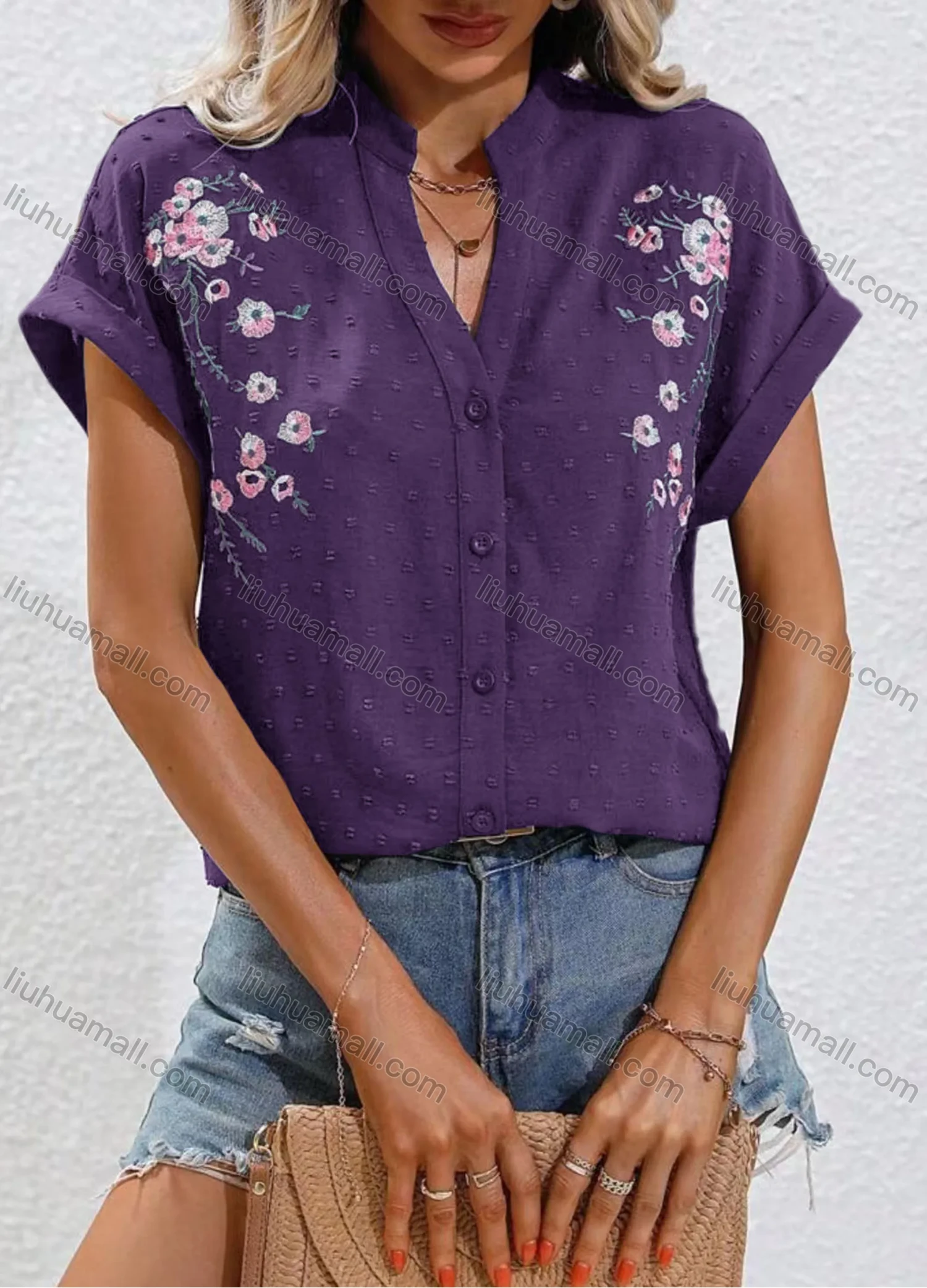 Wholesale Women's Casual Notched Floral Swiss Dot Button Down Cap Sleeve Blouse - Liuhuamall