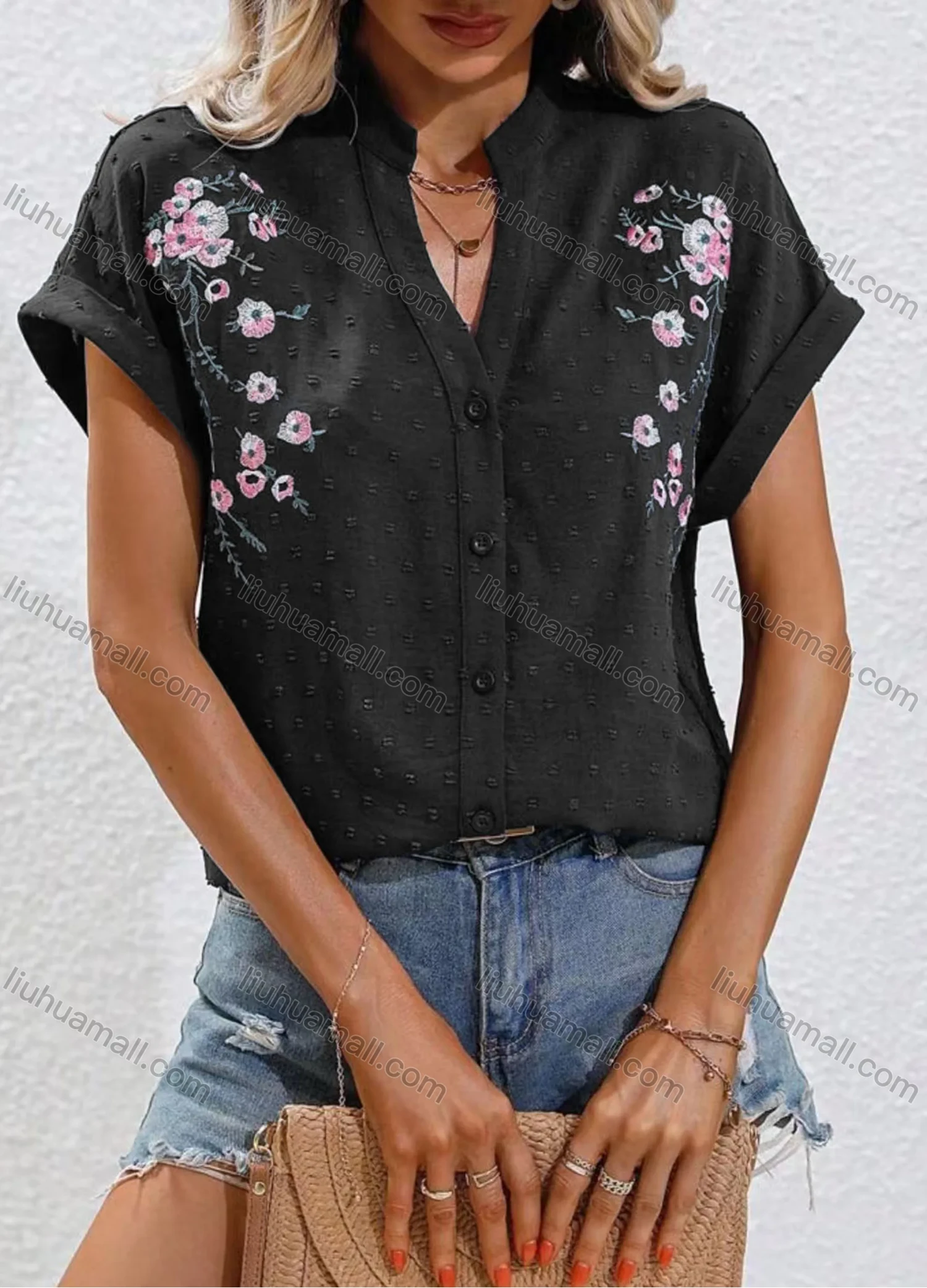 Wholesale Women's Casual Notched Floral Swiss Dot Button Down Cap Sleeve Blouse - Liuhuamall