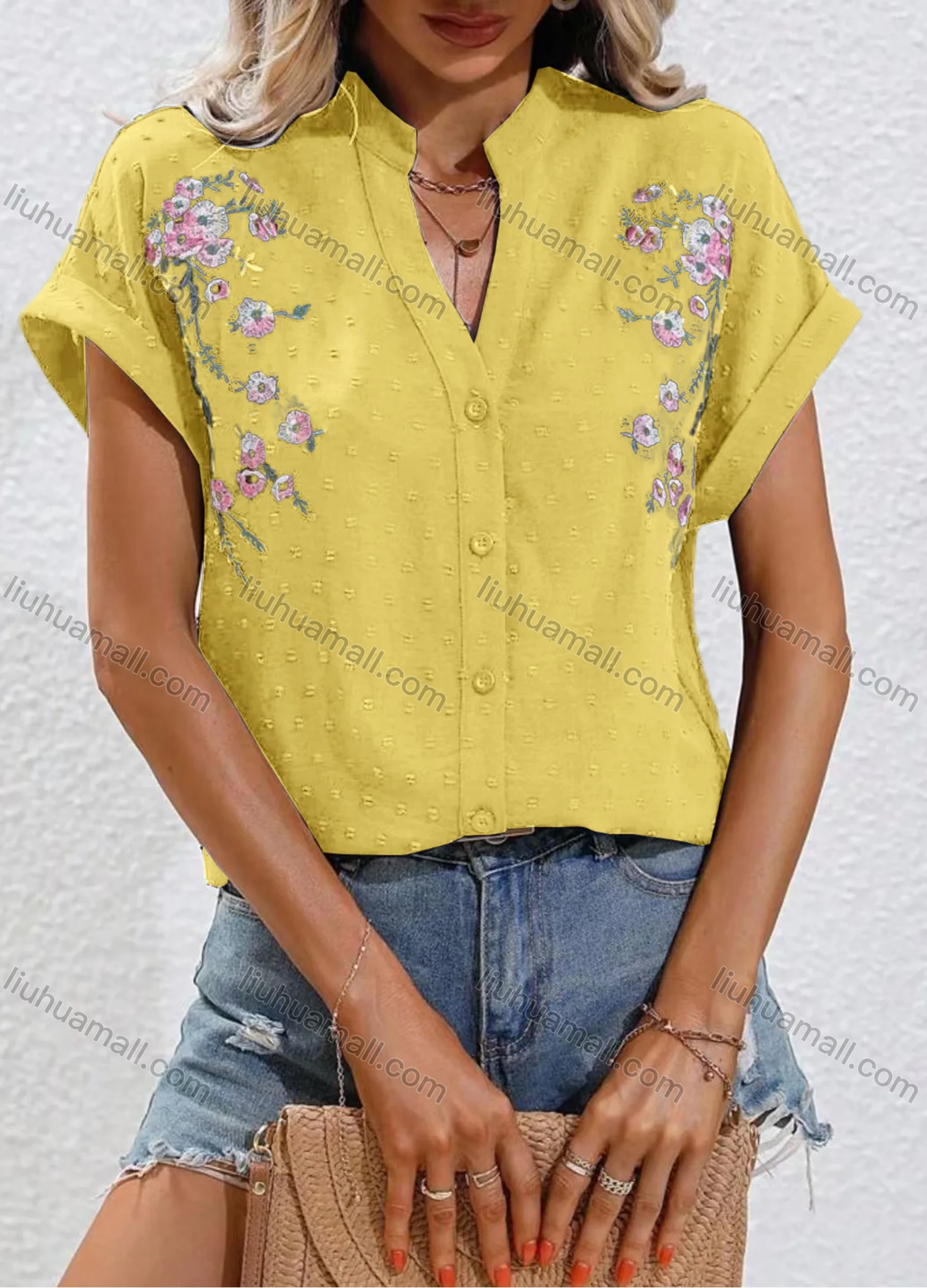 Wholesale Women's Casual Notched Floral Swiss Dot Button Down Cap Sleeve Blouse - Liuhuamall