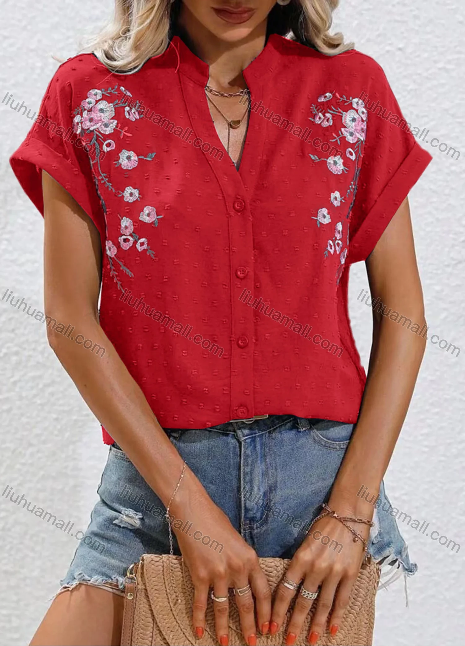 Wholesale Women's Casual Notched Floral Swiss Dot Button Down Cap Sleeve Blouse - Liuhuamall