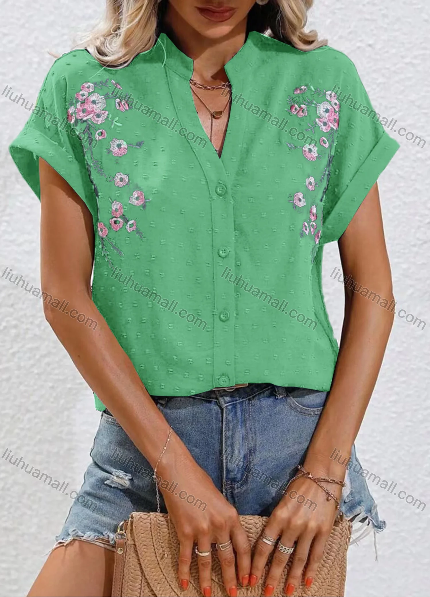 Wholesale Women's Casual Notched Floral Swiss Dot Button Down Cap Sleeve Blouse - Liuhuamall