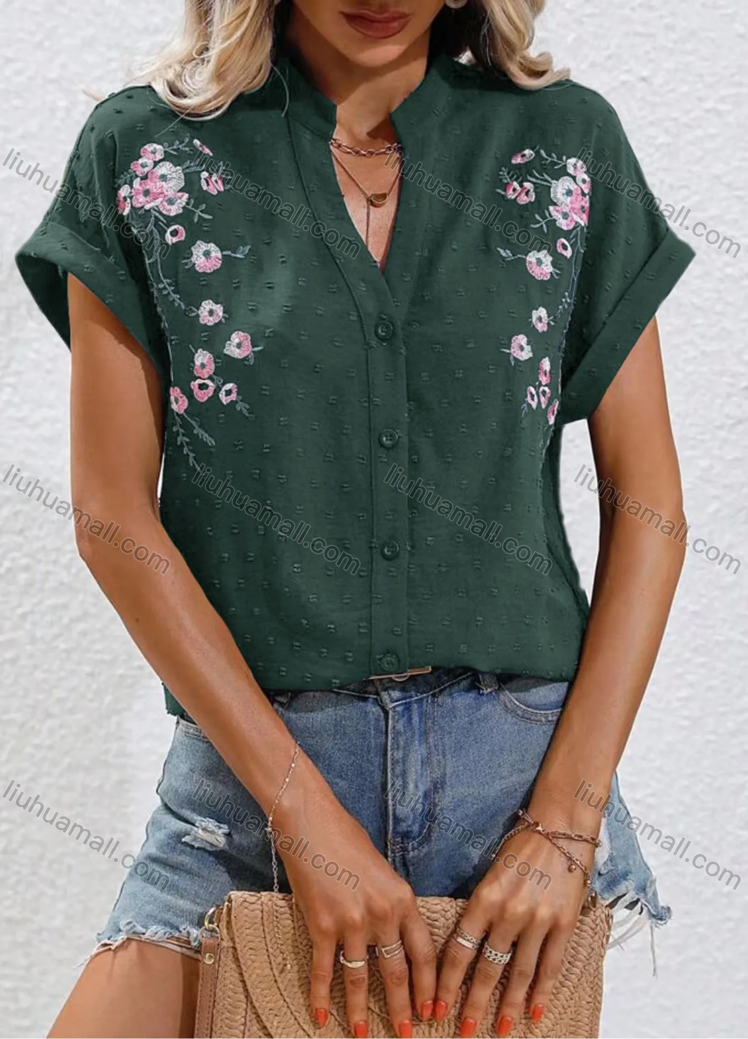 Wholesale Women's Casual Notched Floral Swiss Dot Button Down Cap Sleeve Blouse - Liuhuamall