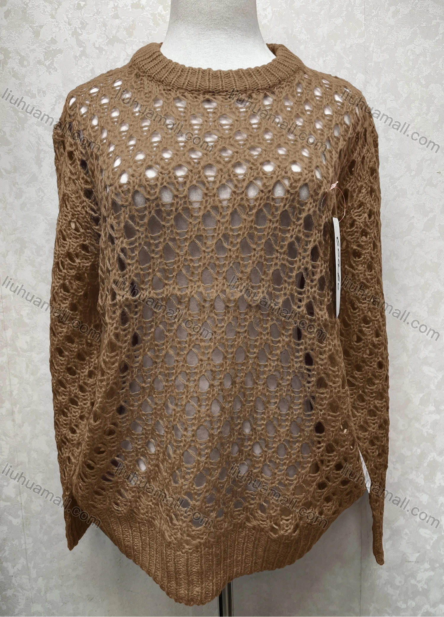 Wholesale Women's Casual Crew Neck Long Sleeve Mesh Plain Knit Sweater 60460# - Liuhuamall