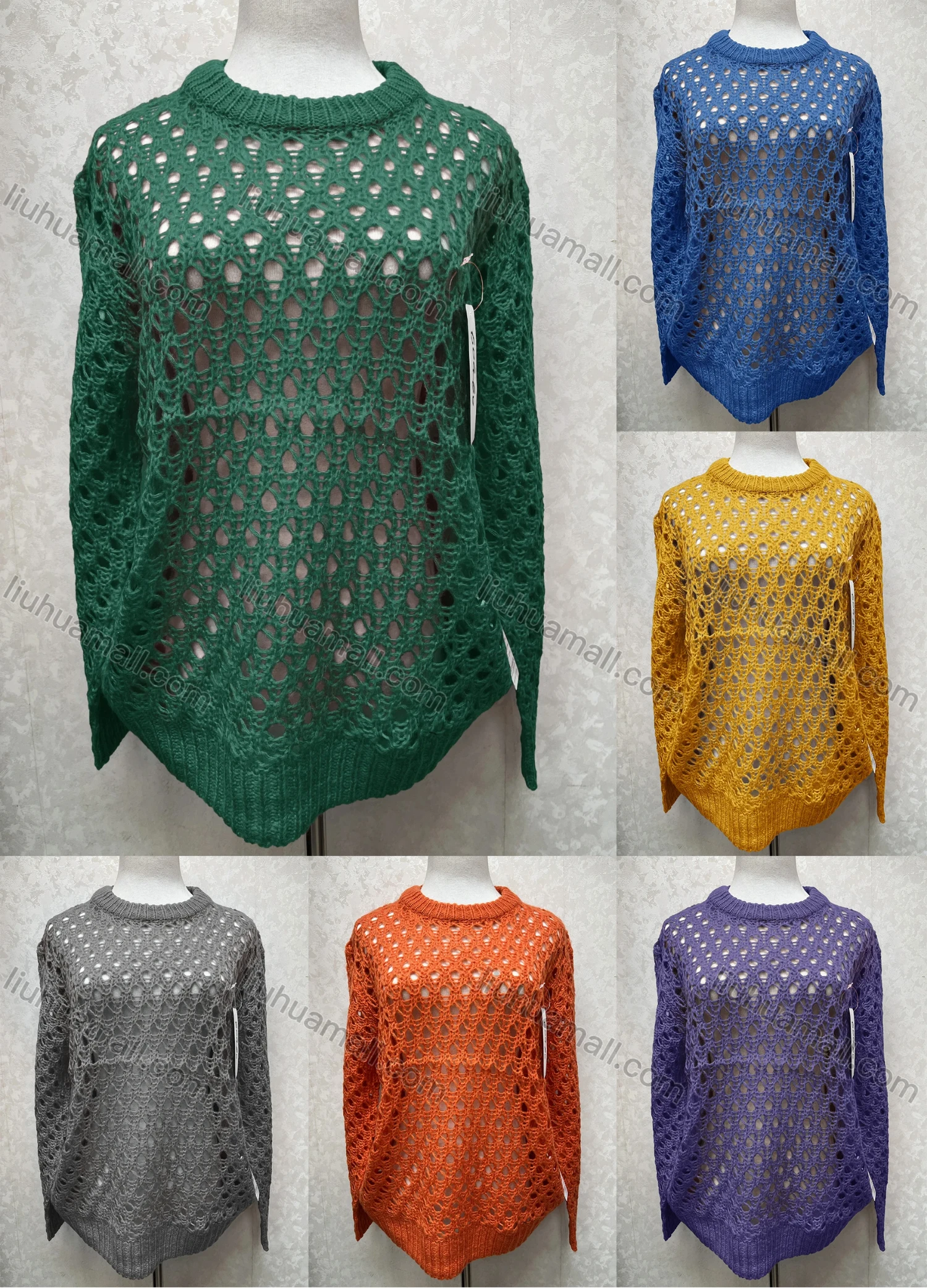 Wholesale Women's Casual Crew Neck Long Sleeve Mesh Plain Knit Sweater 60460# - Liuhuamall