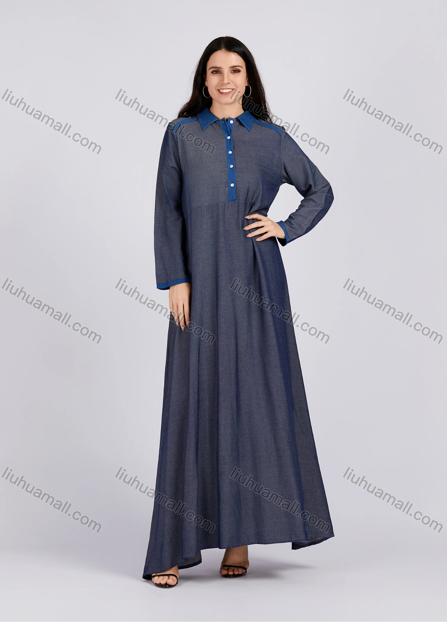 Wholesale Women's Distressed Button Front Collared Curved Hem contrast Long Sleeve Denim Dress - Liuhuamall