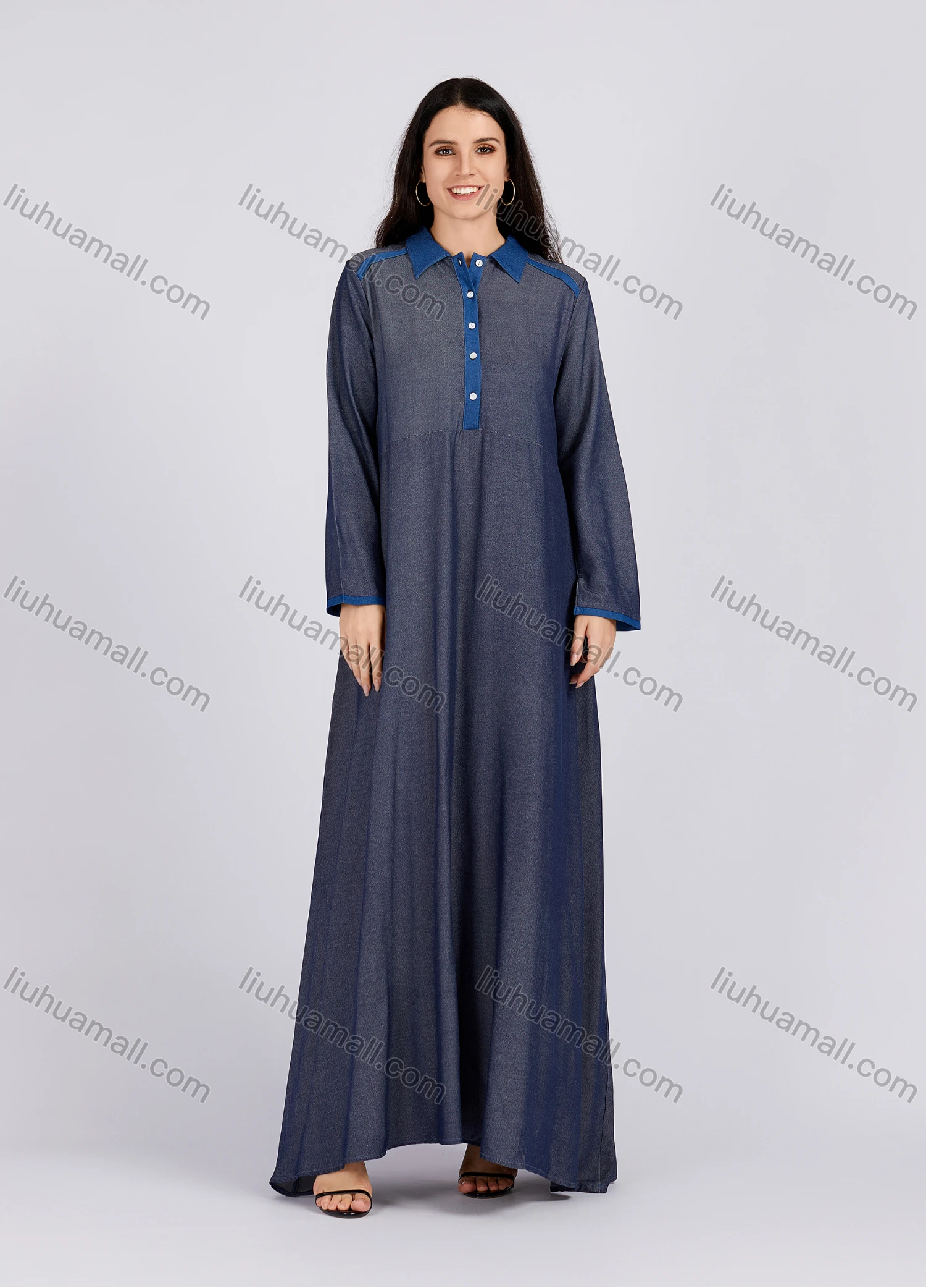 Wholesale Women's Distressed Button Front Collared Curved Hem contrast Long Sleeve Denim Dress - Liuhuamall