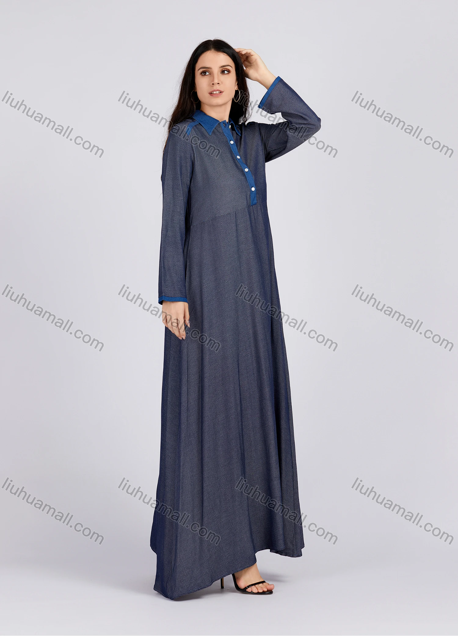 Wholesale Women's Distressed Button Front Collared Curved Hem contrast Long Sleeve Denim Dress - Liuhuamall